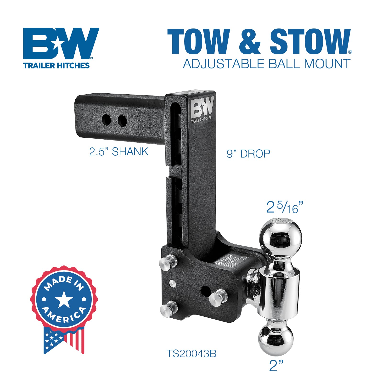 Tow & Stow B&W Trailer Hitches Adjustable Trailer Hitch Ball Mount - Fits 2.5" Receiver, Dual Ball (2" x 2-5/16"), 8.5" Drop, 18,000 GTW - TS20043B