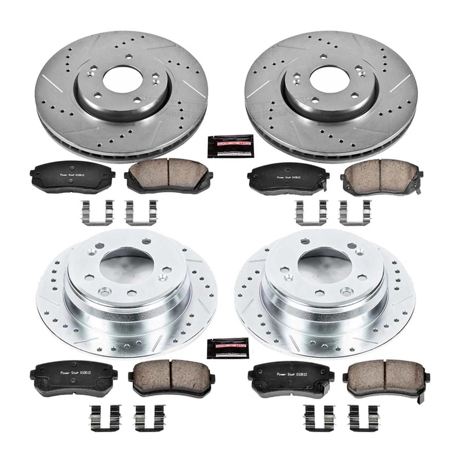 Power Stop K6088 Z23 Carbon Fiber Brake Pads Front and Rear with Drilled & Slotted Brake Rotors Kit For Hyundai Tucson 2012-2015, Kia Sportage 2012-2016 [Model Specific]