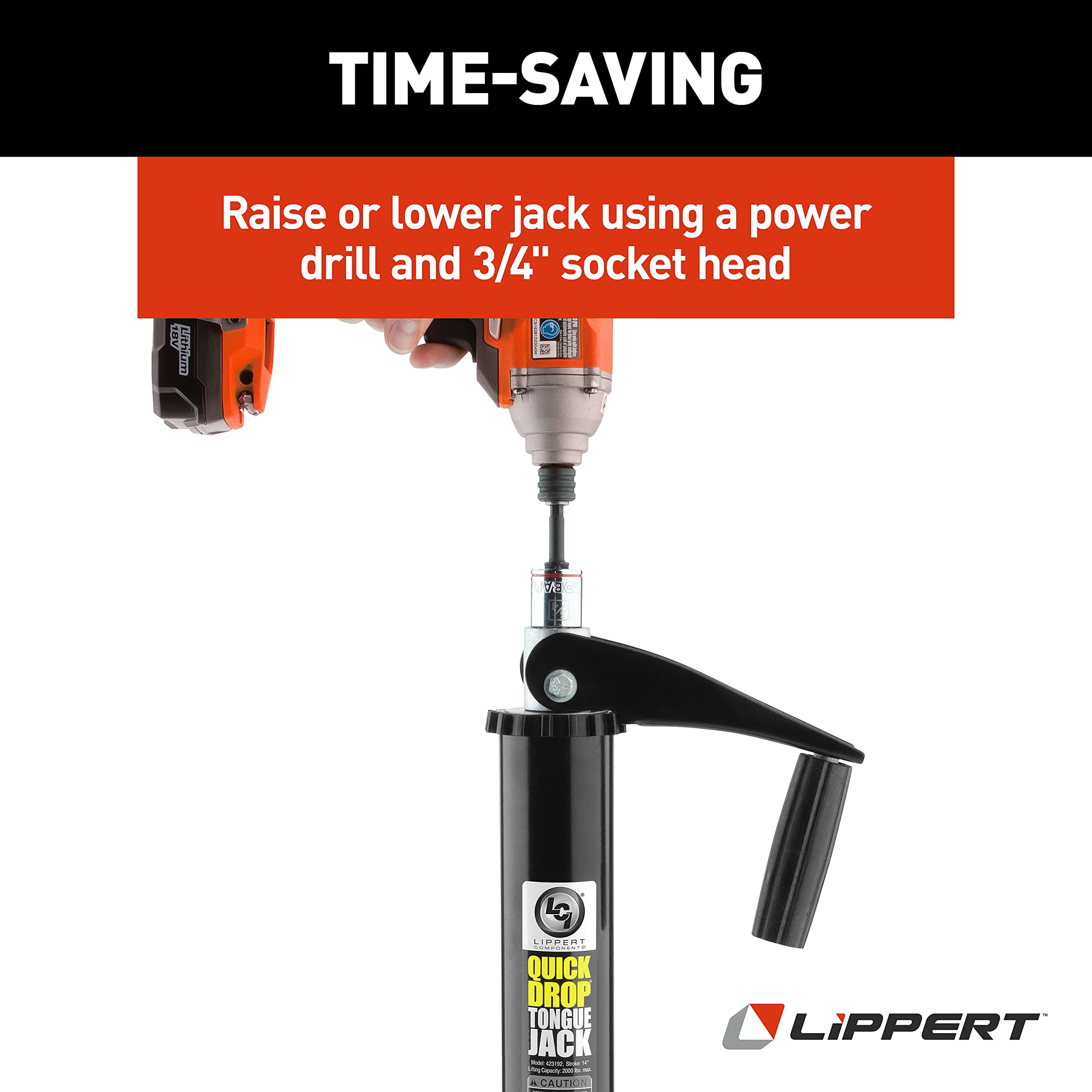 Lippert Quick Drop Tongue Jack for 5th Wheel RVs, A-Frame Travel, Cargo, and Utility Trailers, Black