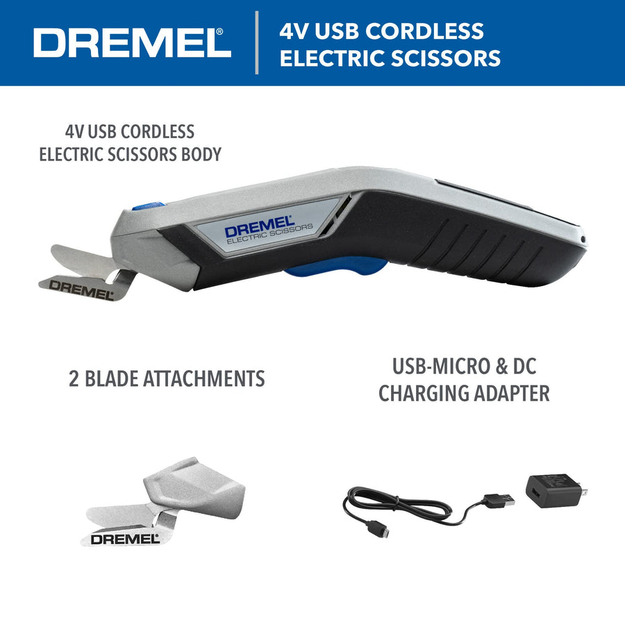 Dremel Cordless 4V Electric Scissors with USB Rechargeable Battery and Two Blade Attachments - Ideal for Cutting Cardboard, Fabric, and Paper, HSSC-01