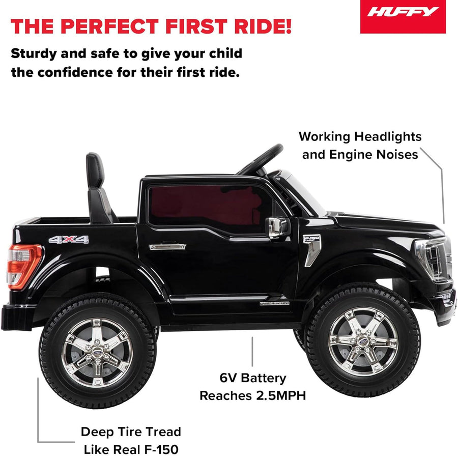 Huffy 6V Ford F150 Platinum Black Kids Ride On Truck, Real LED Headlights and Sounds, Ages 2-7, Max Weight 65lbs, 2.5MPH Speed, Forward and Reverse, Large Durable Tires, Simple Wall Charging