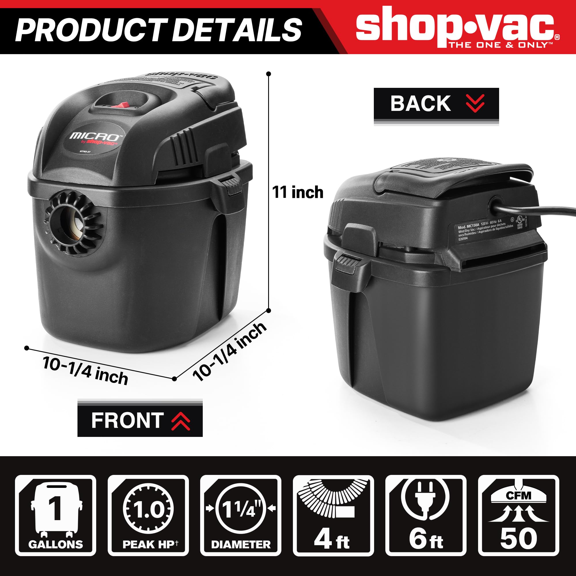 1 Gallon Shop-Vac Micro Wet/Dry Vacuum 2021005, 1.0 Peak HP, 1.25 Inch Diameter x 4 Foot Hose, 6 Food Cord, Lightweight And Portable, Quick Wet/Dry Pickup