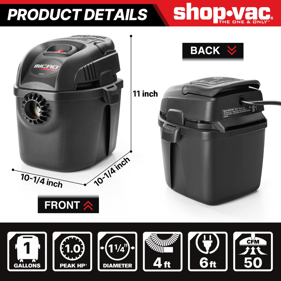 1 Gallon Shop-Vac Micro Wet/Dry Vacuum 2021005, 1.0 Peak HP, 1.25 Inch Diameter x 4 Foot Hose, 6 Food Cord, Lightweight And Portable, Quick Wet/Dry Pickup