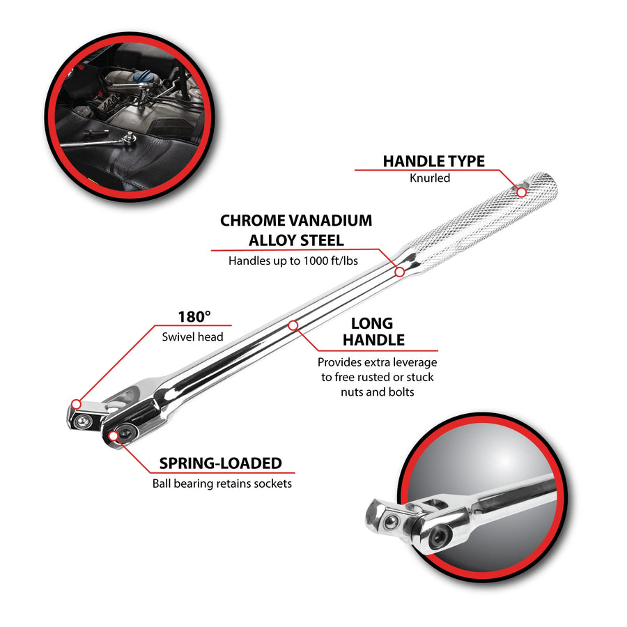 W38118 Performance Tool 3/8-in Drive Flex Handle Home Improvement Hand Tool, Silver, 10-Inches