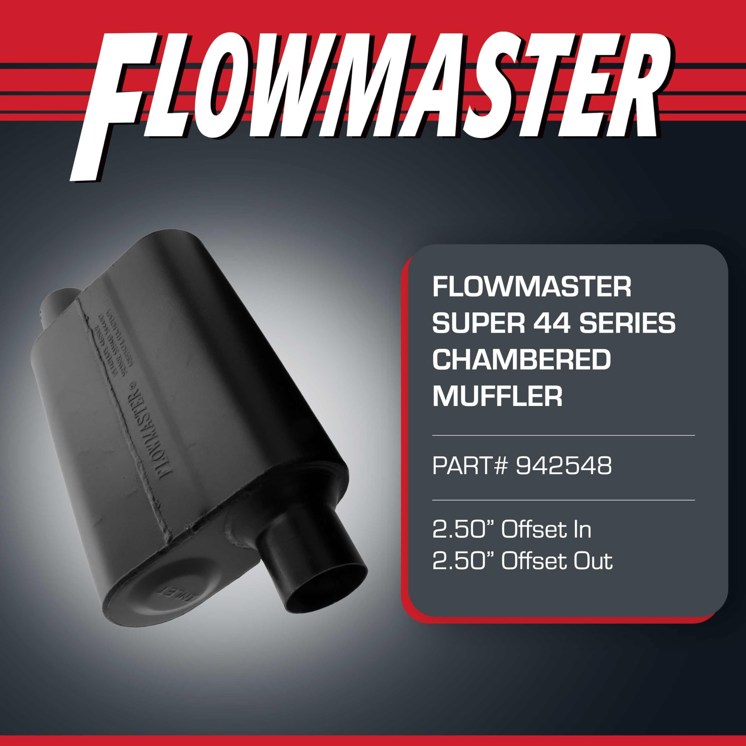 Flowmaster Super 44 Muffler Series – 2.50” - Offset In/Offset Out – Aggressive Sound – 16 Gauge Aluminized Steel – For Classic & Late Muscle Cars, Street Rods, Trucks, SUVs (942548)