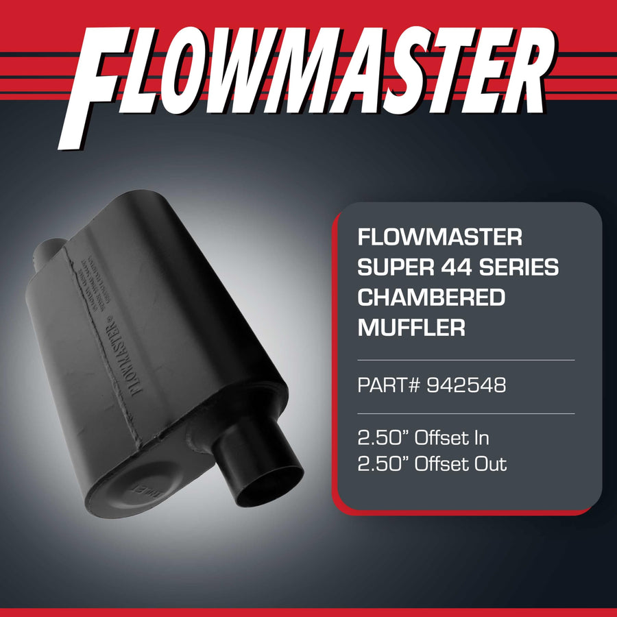 Flowmaster Super 44 Muffler Series – 2.50” - Offset In/Offset Out – Aggressive Sound – 16 Gauge Aluminized Steel – For Classic & Late Muscle Cars, Street Rods, Trucks, SUVs (942548)