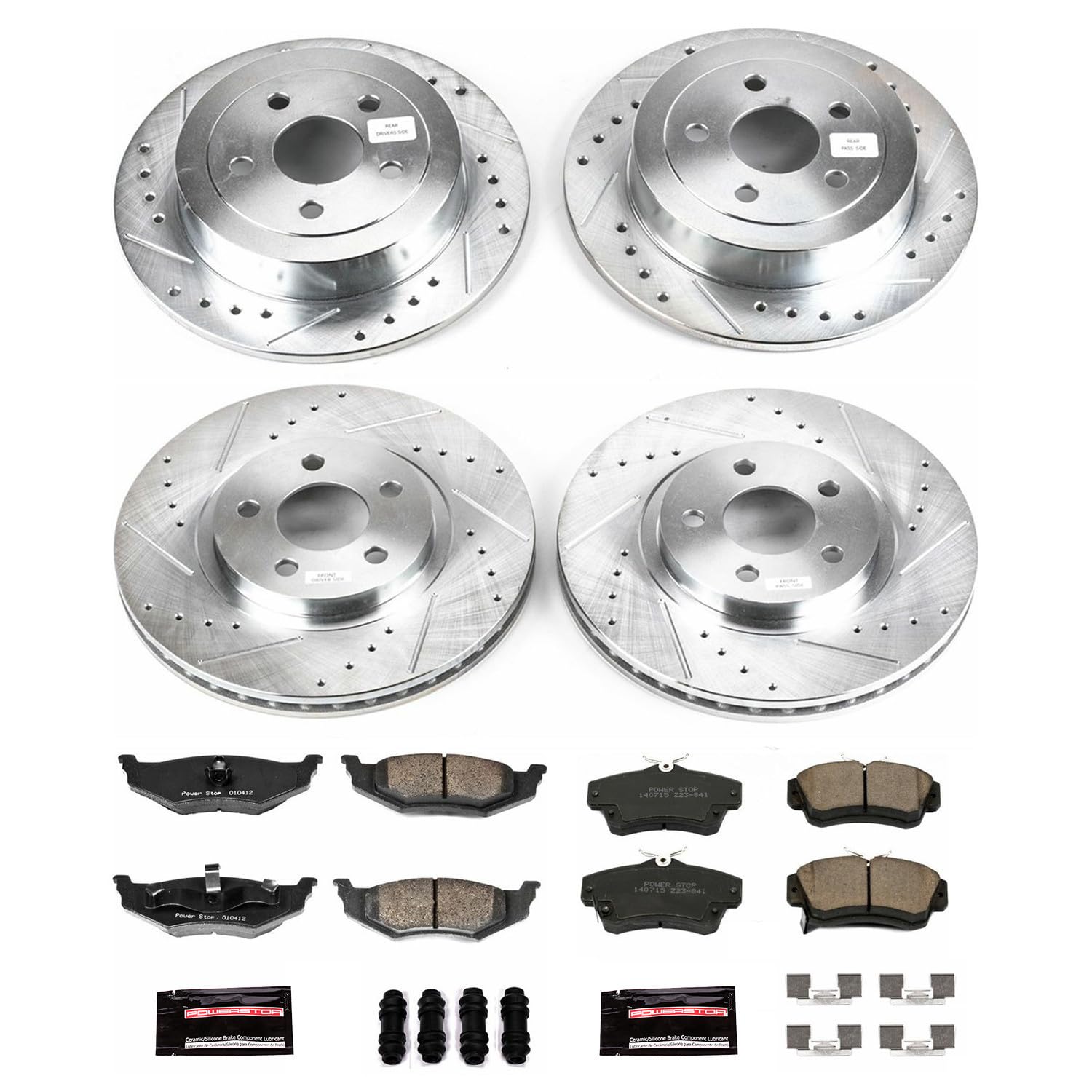 Power Stop K1705 Z23 Carbon Fiber Brake Pads Front and Rear with Drilled & Slotted Brake Rotors Kit For Chrysler PT Cruiser 2001-2003, Chrysler PT Cruiser 2006-2007 [Model Specific]