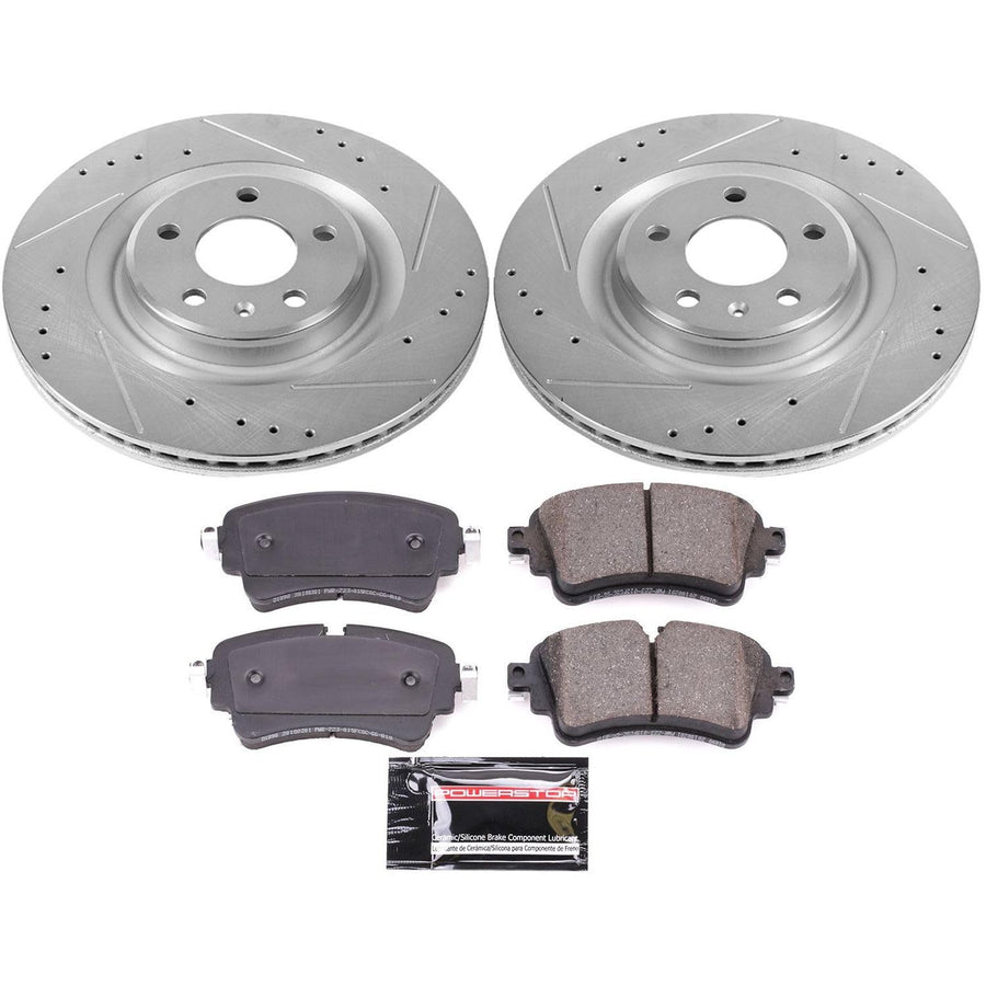 Power Stop K8043 Brake Pads Rear Z23 Carbon Fiber with Drilled & Slotted Brake Rotors Kit and 1 Rear Sensor Wire For A6 Quattro, A6 allr, A7 Sportback, Q5, Q5 P, SQ5 [Model Specific]