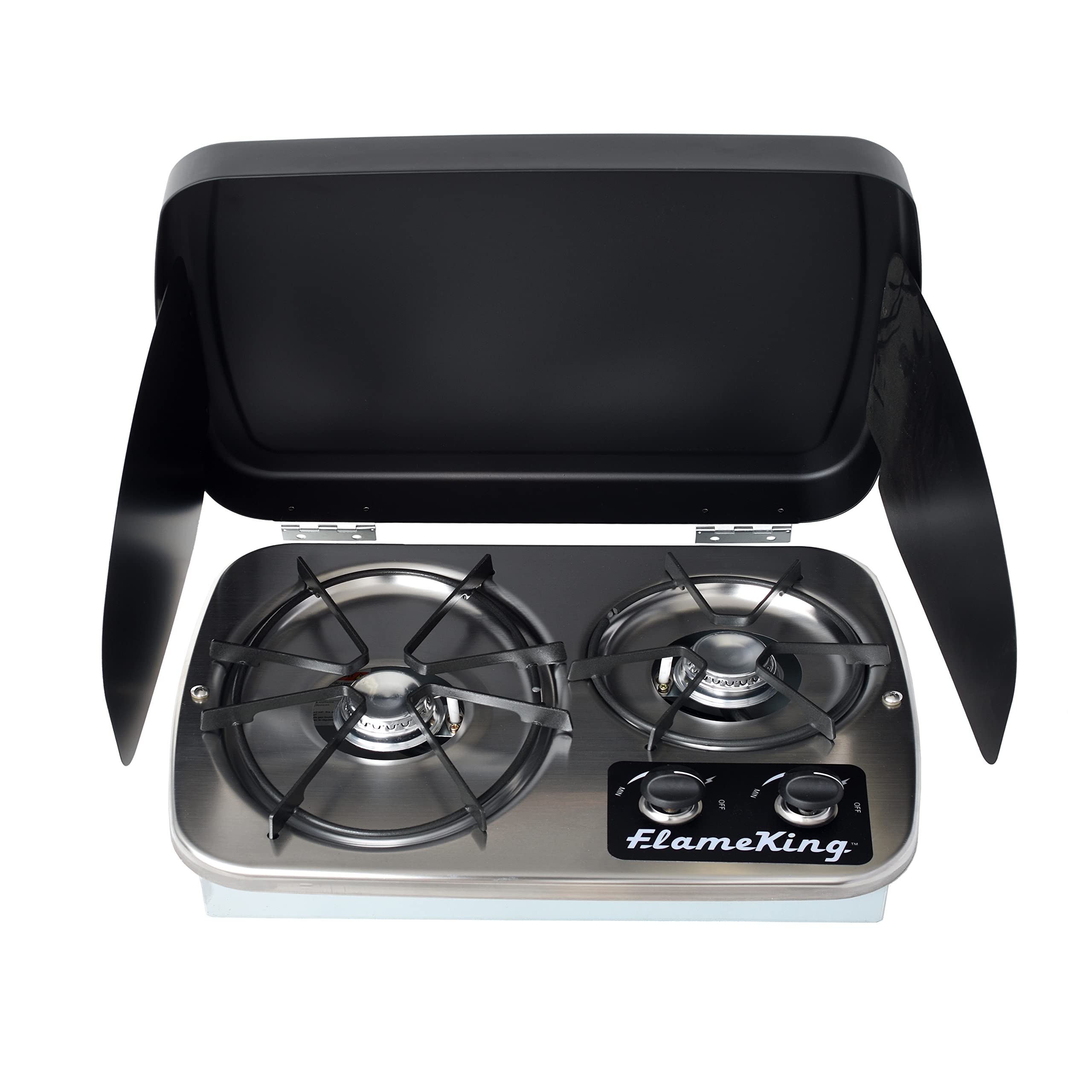 Flame King 2-Burner YSNHT600 Built-in RV Cooktop Propane Stove, 7200 and 5200 BTU Burners, Self-Igniting, Cover Included, Silver, 18.5" x 13" x 4.5"