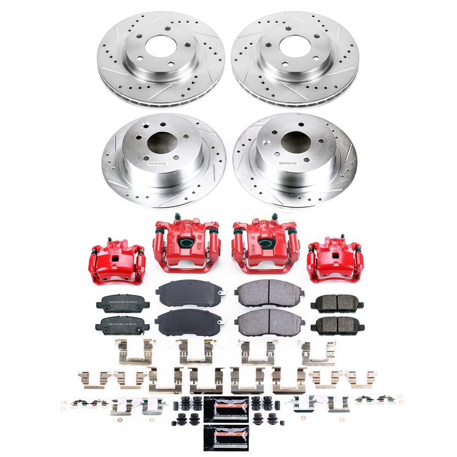 Power Stop Z23 Brake Pads and Rotors Front and Rear Brake Kit with Red Powder Coated Calipers For Nissan Sentra 2019 [Application Specific]
