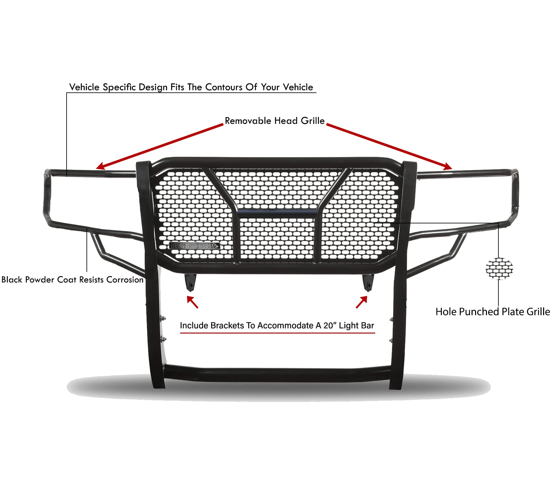 Heavy Duty Black Horse Rugged Grille Brush Bumper Guard Modular Black Come with Pair of 5.3" Dia.LED Lights with Black Trim Rings Compatible with 2022-2024 Toyota Tundra-RU-TOTU22-B-PLFB