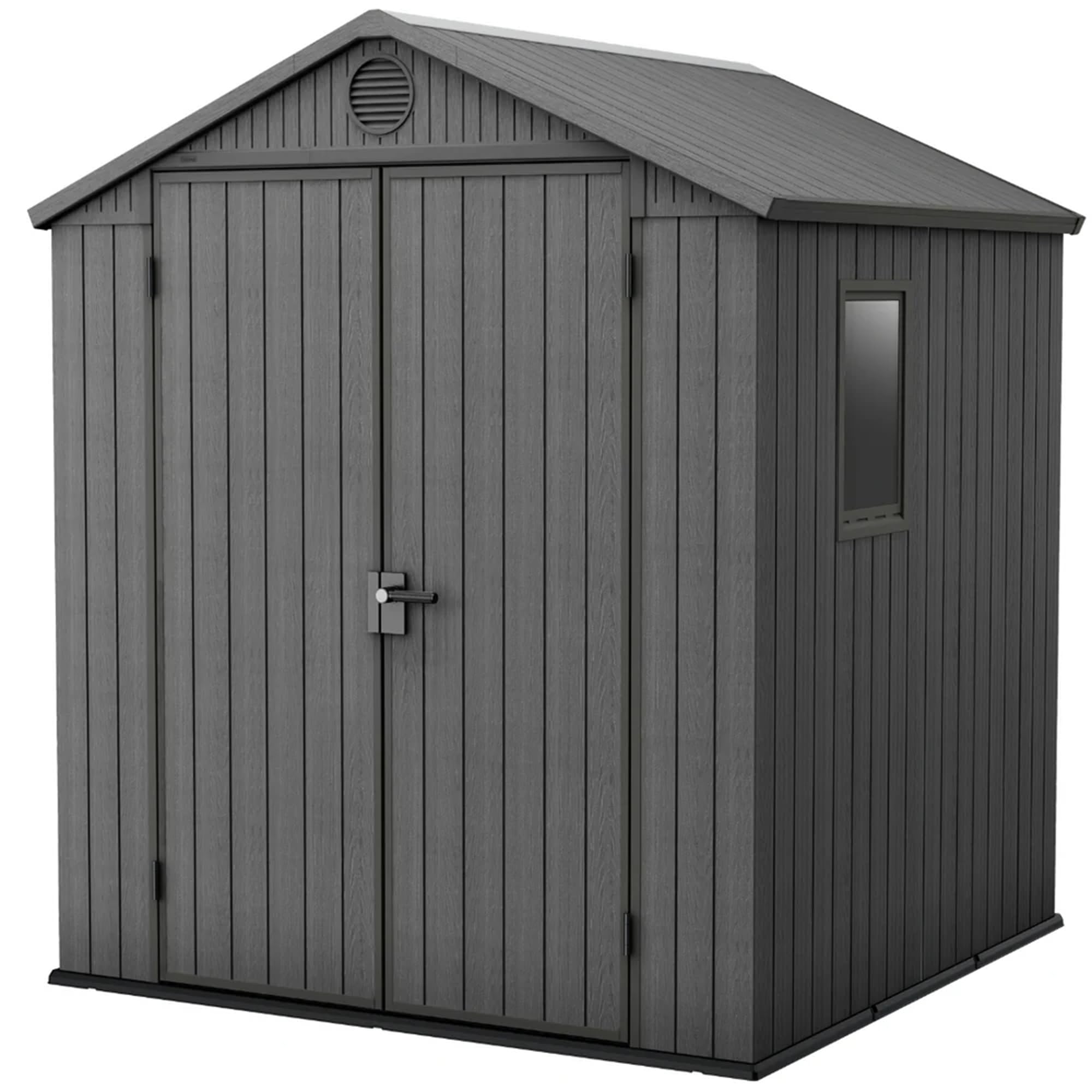 Keter 6 x 6 Foot Darwin Spacious Heavy Duty Outdoor Storage Shed for Organizing Garden Accessories and Tools with Double Doors and High Ceiling, Gray