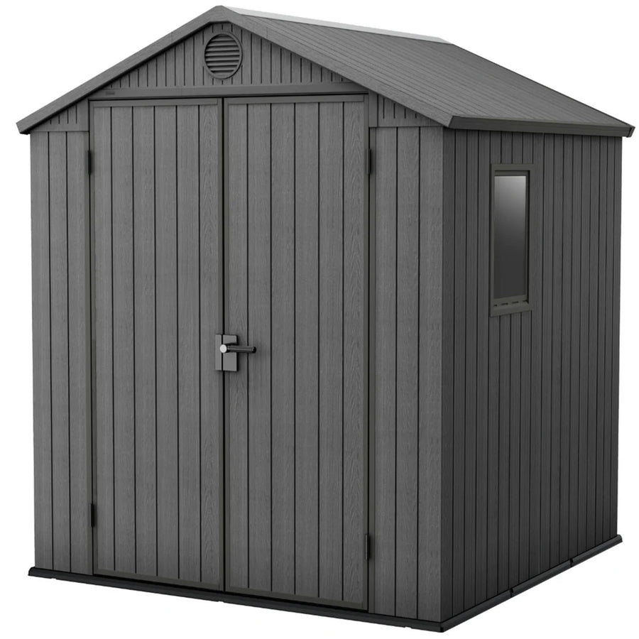Keter 6 x 6 Foot Darwin Spacious Heavy Duty Outdoor Storage Shed for Organizing Garden Accessories and Tools with Double Doors and High Ceiling, Gray