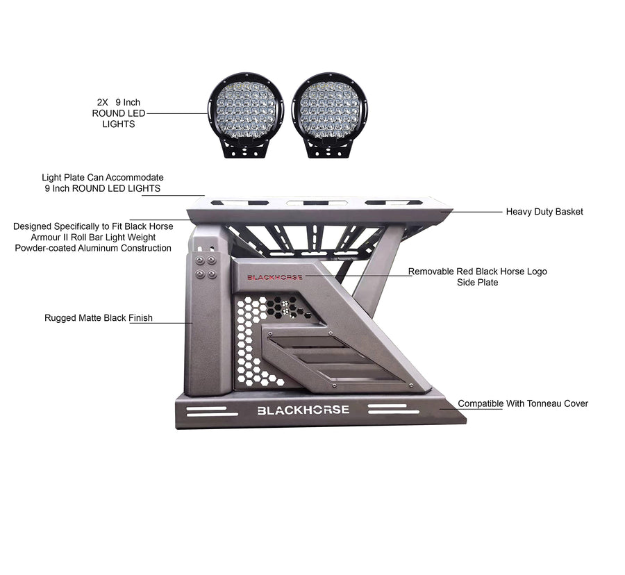 Armour II Black Horse Roll Bar W/Basket Incl.Set of 9 Black Round LED Light Compatible with 2019-2024 Jeep Gladiator-AR2-09BA3-PL69B
