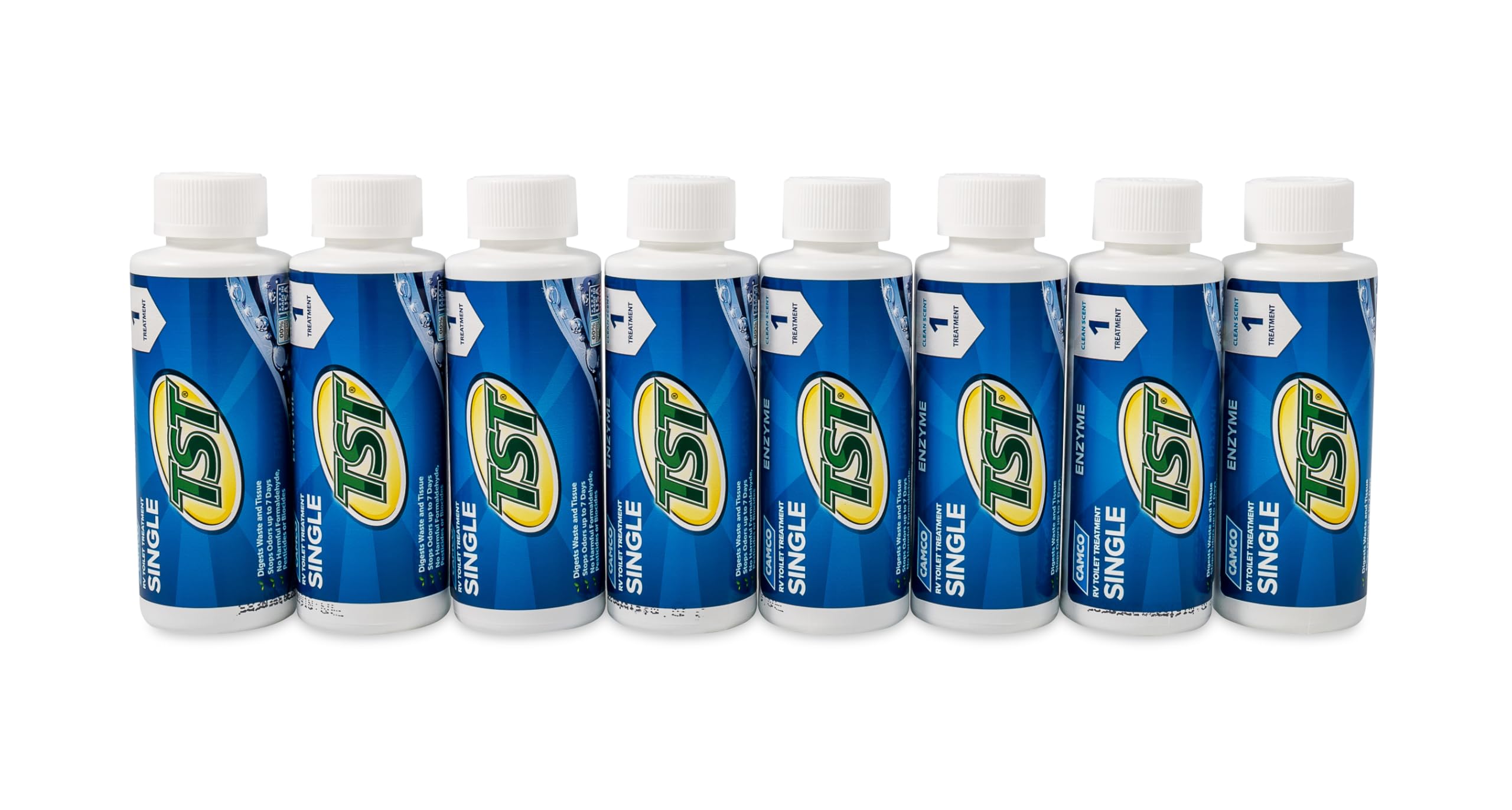 Camco TST Blue Toilet Enzyme Treatment - Formaldehyde Free - Breaks Down Waste And Tissue - Septic Tank Safe -Treats up to 8-40 Gallon Holding Tanks - (8) 4 oz Bottles (41501)