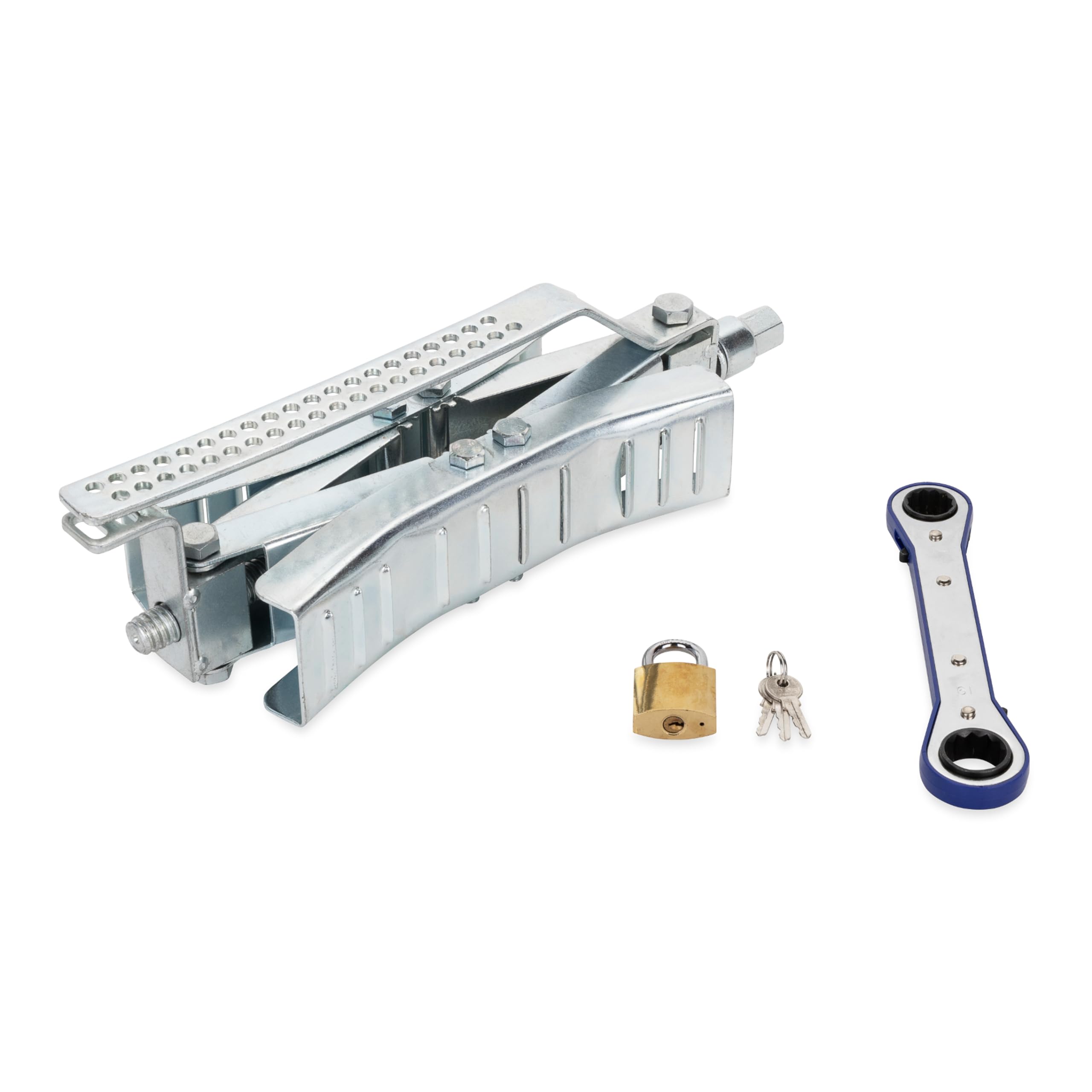 Camco Eaz-Lift Heavy Duty Wheel Stop with Ratchet Wrench- Stabilizes Your Truck by Securing Tires Tandem to Prevent Movement Spaced 3-10" Apart- Large (44662)