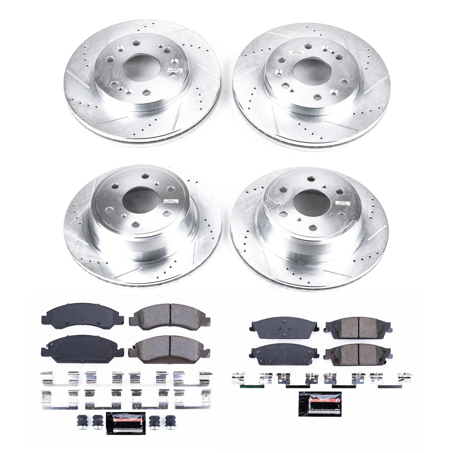Front and Rear Brake Kit PowerStop For Cadillac Escalade 2015-20 |Escalade ESV 2015-20 |Chevrolet Silverado 1500 2014-18 - Drilled and Slotted Disc Rotors with Ceramic Brake Pads Replacement, K6560