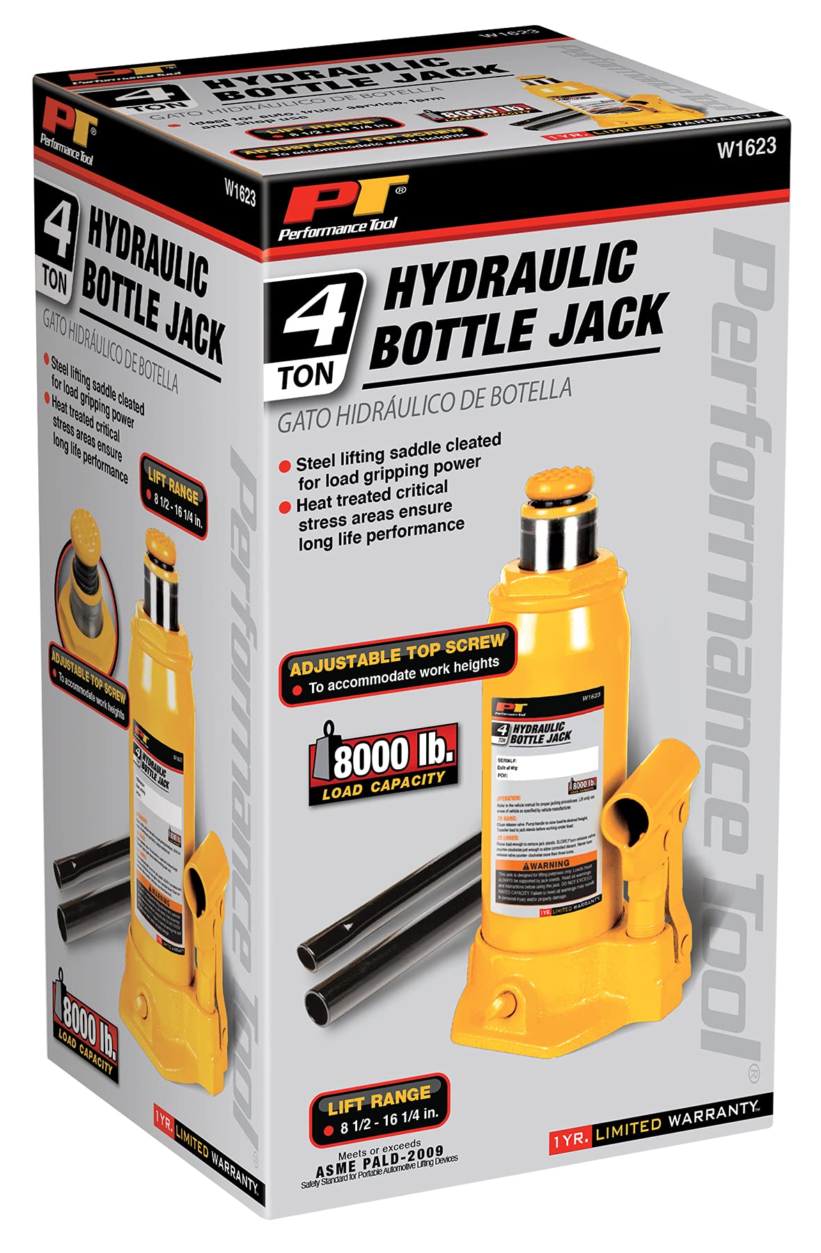 4-Ton Performance Tool W1623 Heavy Duty Hydraulic Bottle Jack (8,000 lbs.)