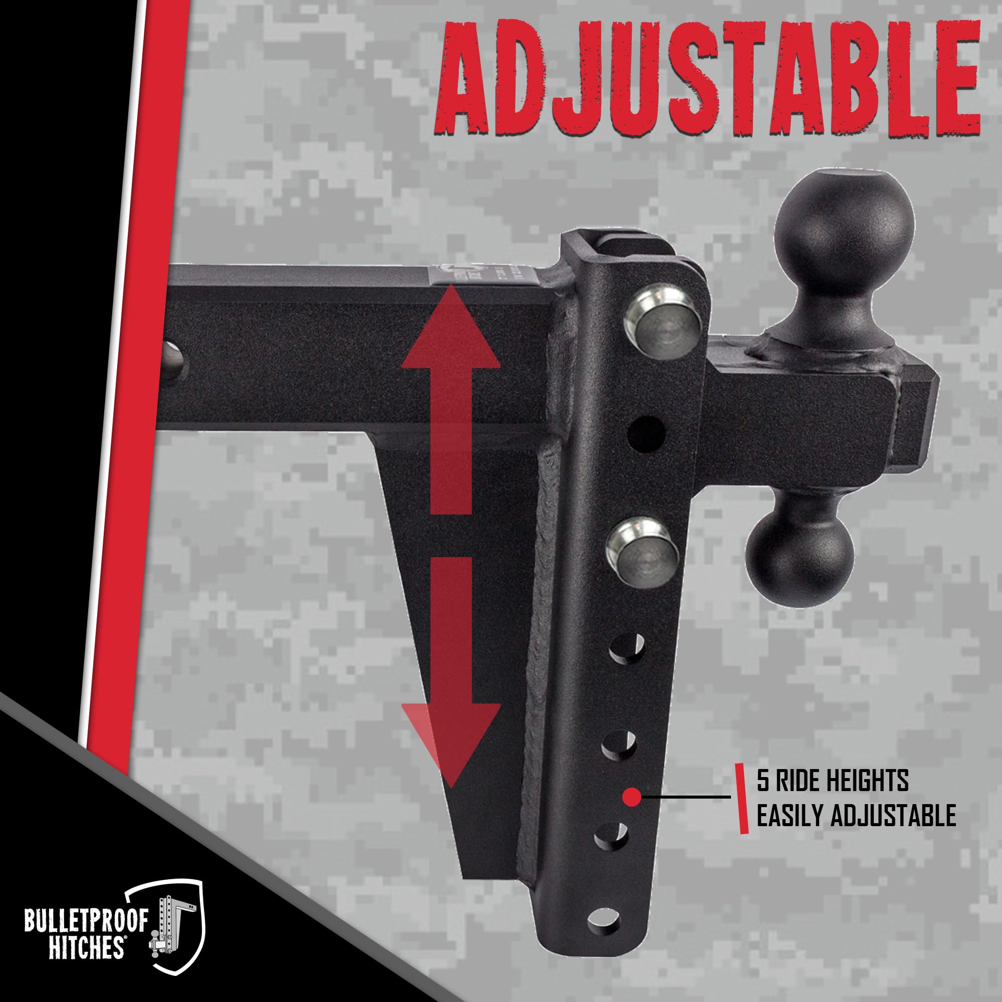 2.5" Adjustable BulletProof Hitches Heavy Duty Trailer Hitch (22,000 lb. Rating) - 8" Drop/Rise Trailer Hitch with 2" & 2-5/16" Dual Ball - Powder Coat, Solid Steel, Corrosion-Resistant