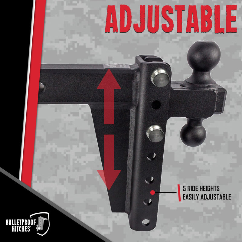 2.5" Adjustable BulletProof Hitches Heavy Duty Trailer Hitch (22,000 lb. Rating) - 8" Drop/Rise Trailer Hitch with 2" & 2-5/16" Dual Ball - Powder Coat, Solid Steel, Corrosion-Resistant
