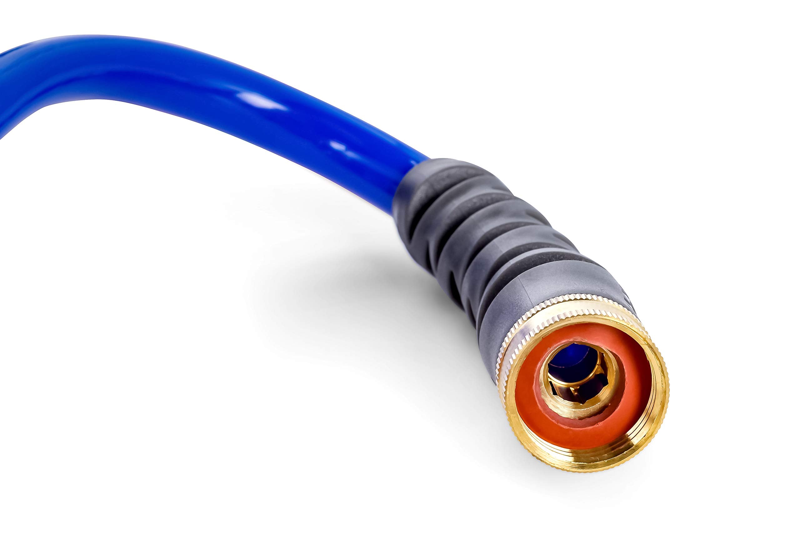 40’ Coiled Camco Water Rust Resistant Brass Fittings, Hose Design Prevents Kinking and Tangling, for Car Washing and Gardening (41985), Blue