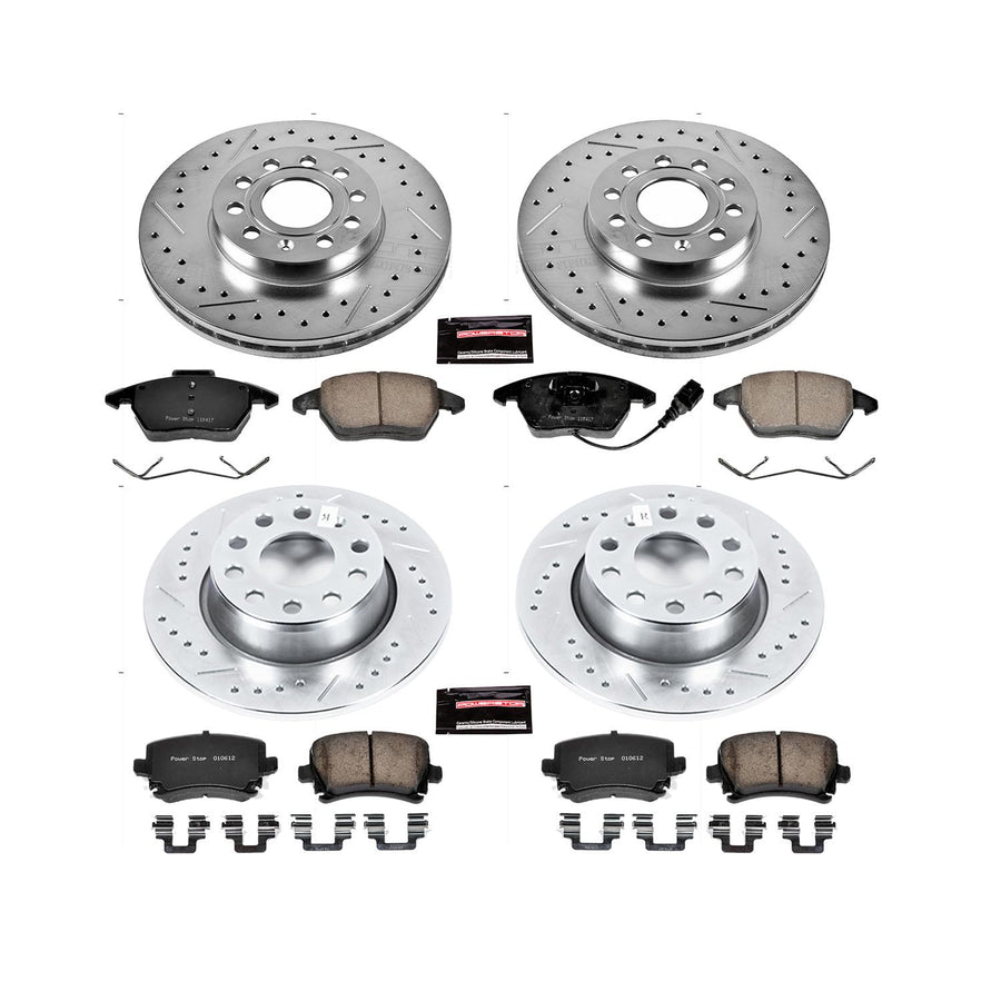 Power Stop K7837 Z23 Carbon Fiber Brake Pads Front and Rear with Drilled & Slotted Brake Rotors Kit For Volkswagen Golf 2010 [Model Specific]