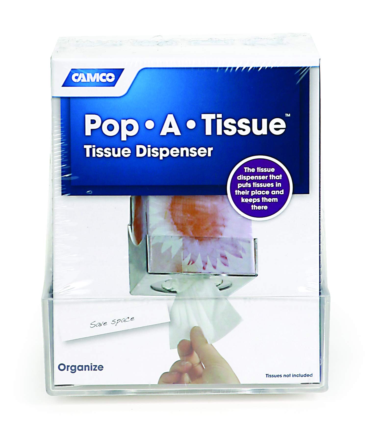 Camco Tissue Box Holder- Pop-A-Tissue- Mounts to Walls and Cabinets, Dispenses Tissue and Holds Tissue Boxes Upward or Downward- Perfect for RVs and Trailers, Easy Install - Clear (57101)