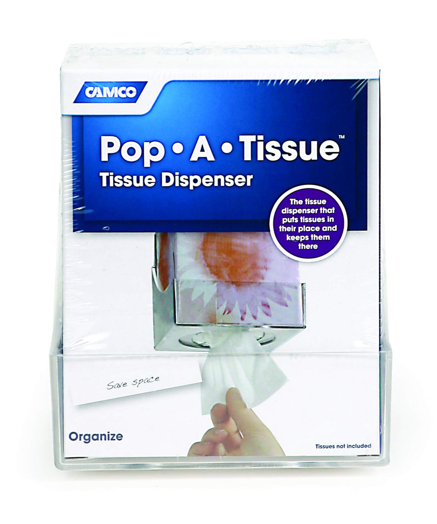 Camco Tissue Box Holder- Pop-A-Tissue- Mounts to Walls and Cabinets, Dispenses Tissue and Holds Tissue Boxes Upward or Downward- Perfect for RVs and Trailers, Easy Install - Clear (57101)