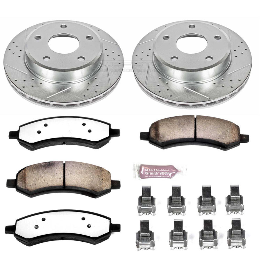 Power Stop Front Brake Kit For 2005 2006 2007 2008 2009 2010 Dodge Dakota - Carbon Fiber Ceramic Brake Pads & Truck & Tow Drilled and Slotted Rotors Replacement, K2193-36