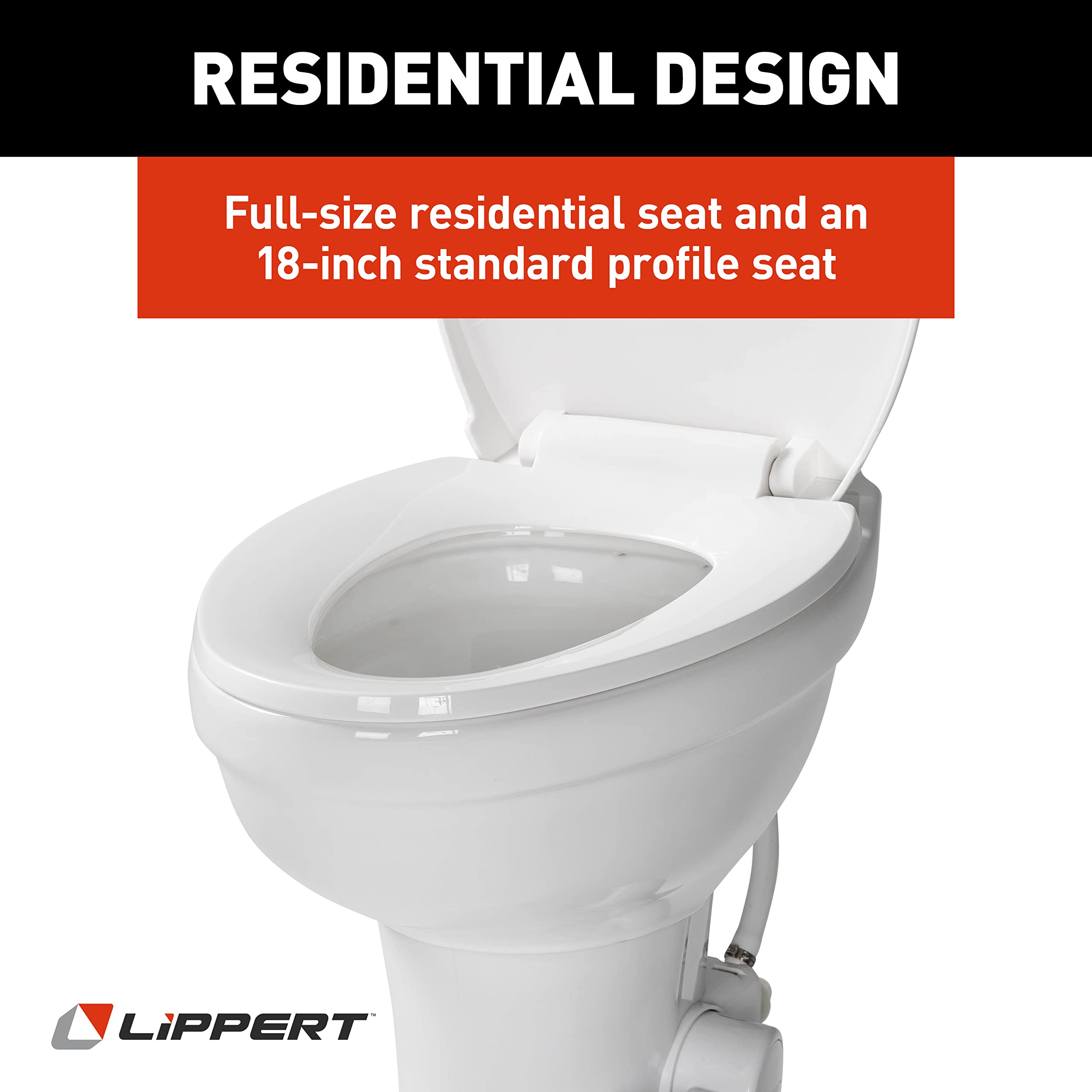 Lippert RV Toilet Flow Max with Elongated Ceramic Bowl, 18" Standard Profile, Full-Size Residential Seat, Easy-Close Lid, Efficient Flush - 2022113192