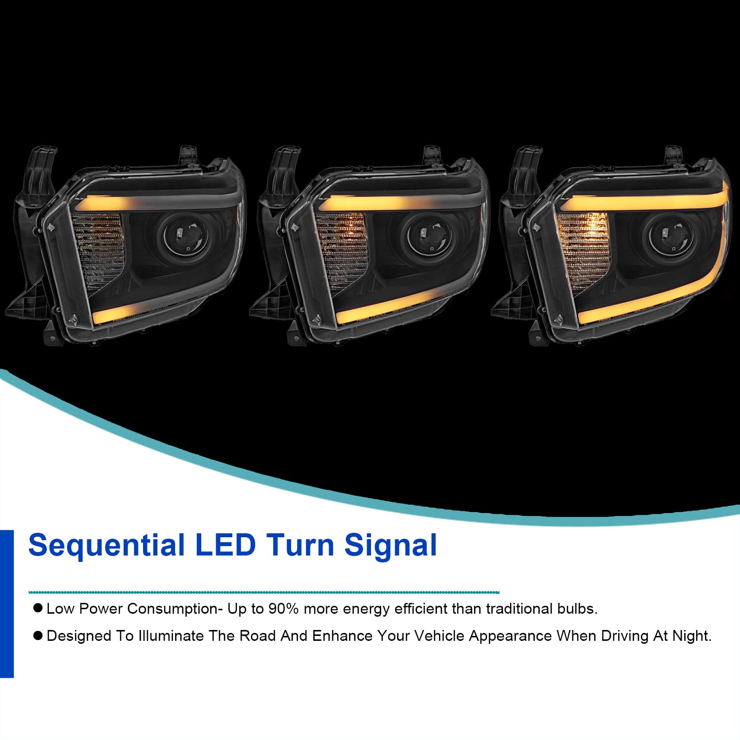 Black Projector Headlights SPEC-D TUNING w/Switchback Sequential LED Turn Signal Compatible with 2014-2021 Toyota Tundra, Left + Right Pair Headlamp Assembly