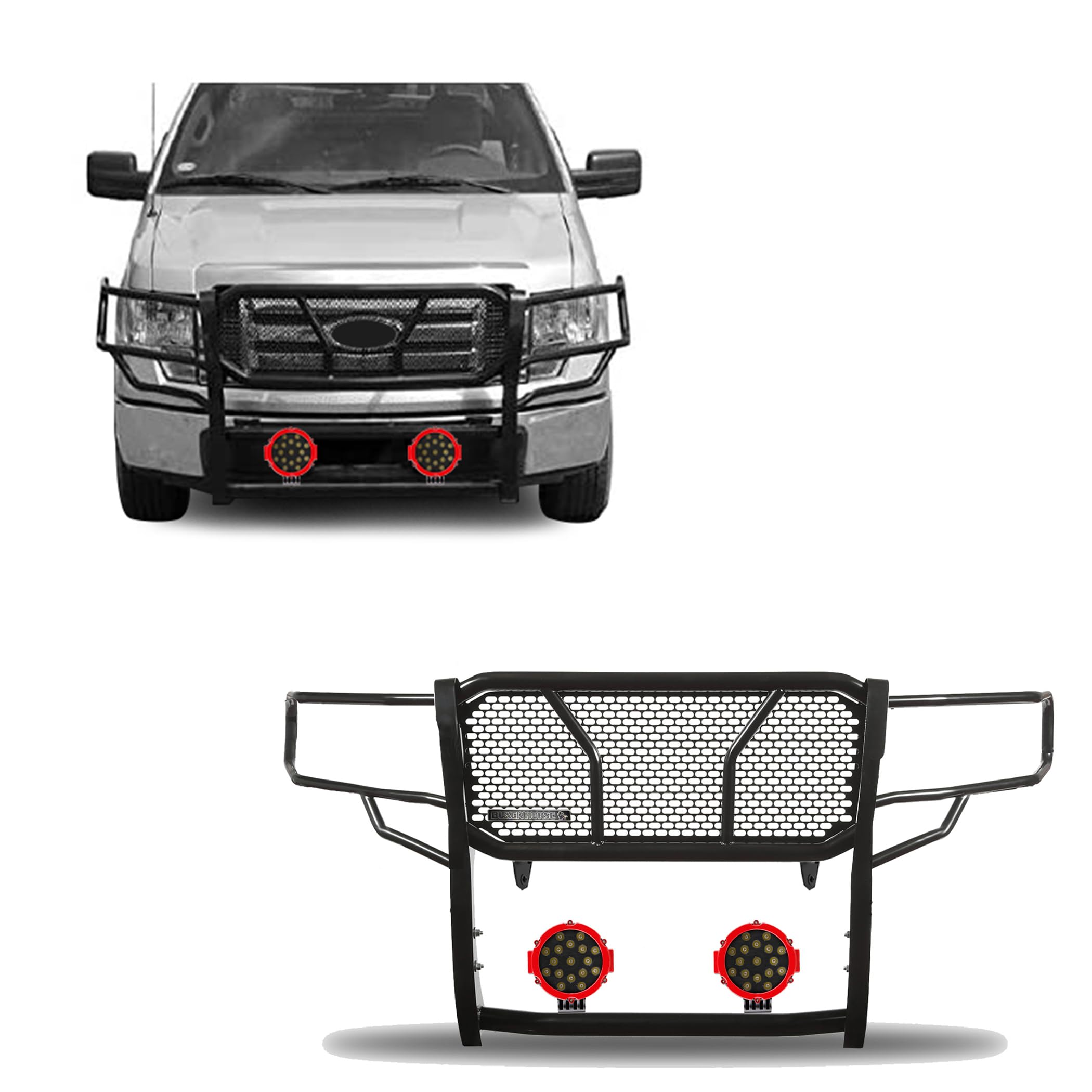 Heavy Duty Black Horse Rugged Grille Brush Bumper Guard Modular Black Come with Pair of 7.0" Dia.LED Lights with Red Trim Rings Compatible with 2009-2014 Ford F-150-RU-FOF109-B-PLR