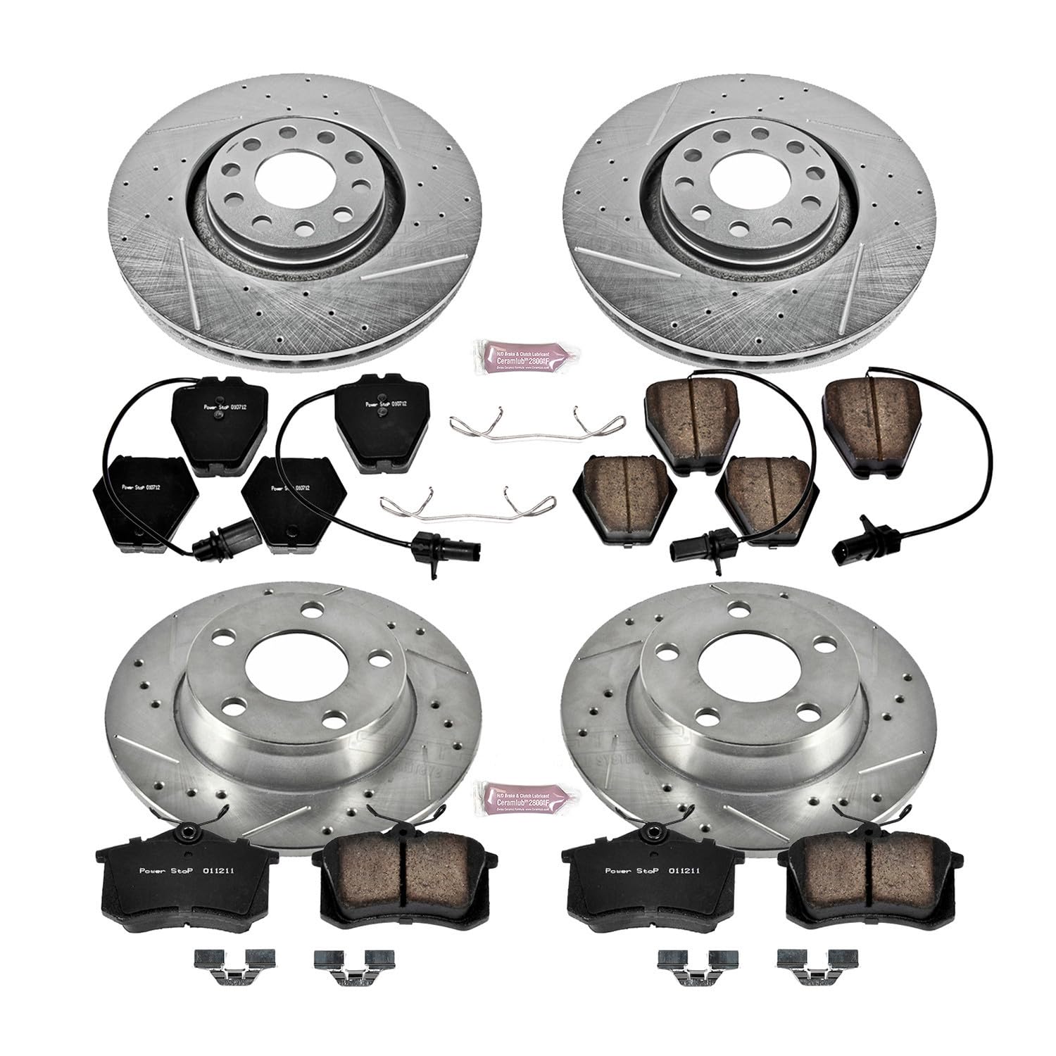 Power Stop K890 Z23 Carbon Fiber Brake Pads Front and Rear with Drilled & Slotted Brake Rotors Kit For Audi A6 Quattro 2000-2001 [Model Specific]