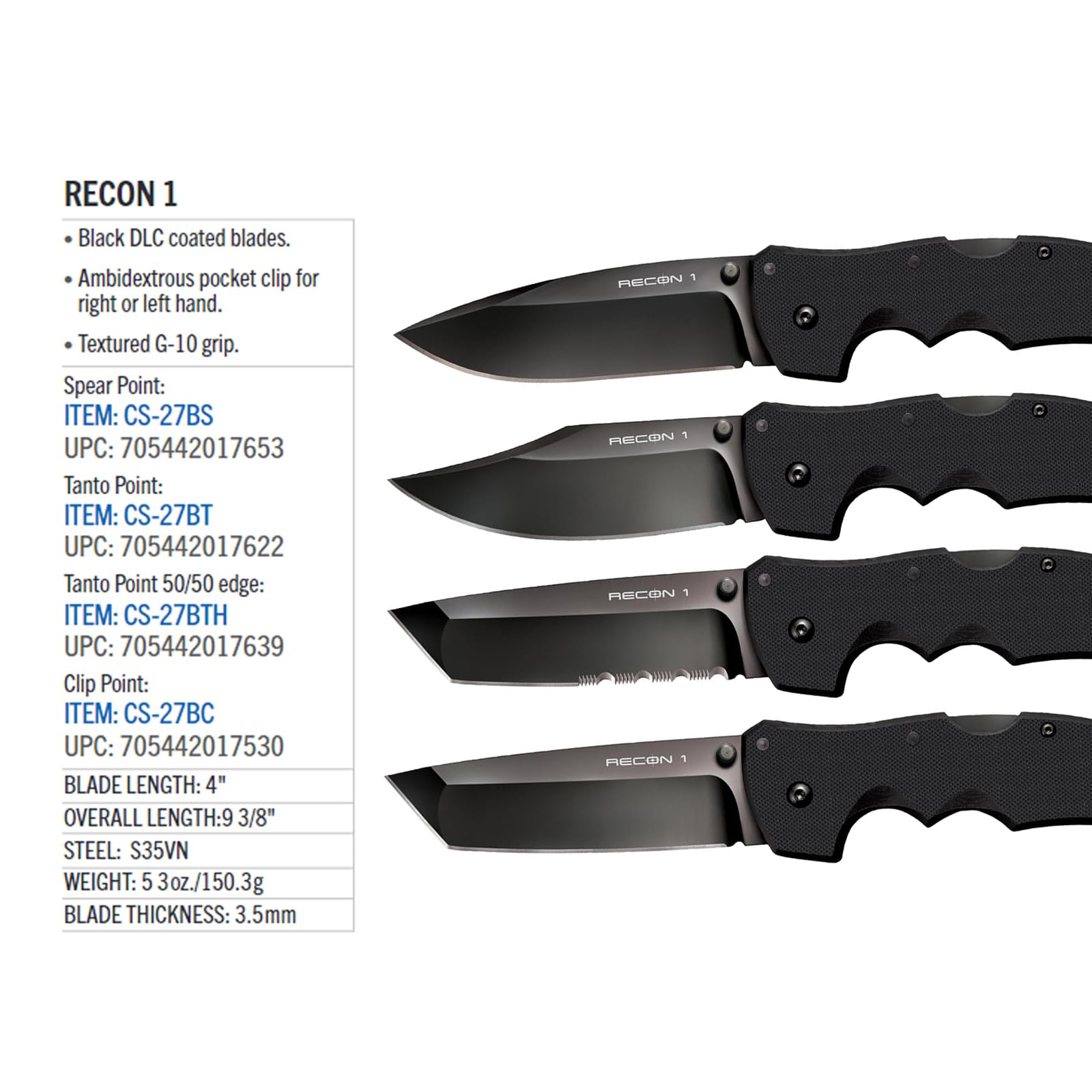 Recon 1 Series Cold Steel Tactical Folding Knife with Tri-Ad Lock and Pocket Clip - Made with Premium CPM-S35VN Steel, Tanto Plain Edge