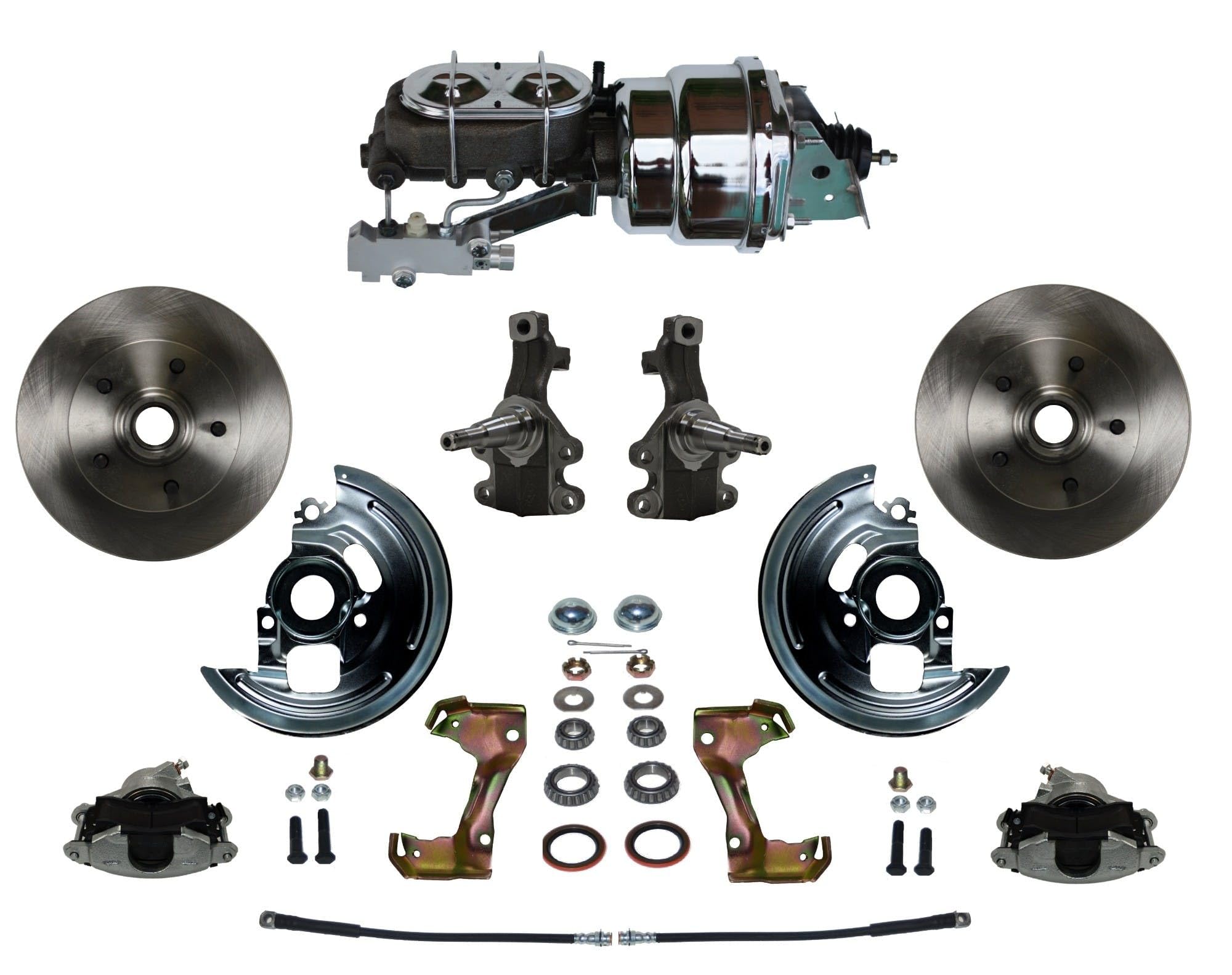 Power LEED BRAKES Front Disc Brake Conversion Kit 2" Drop Spindle With 7" Dual Chrome Booster Cast Iron Chrome Top M/C Disc/Disc Side Mount