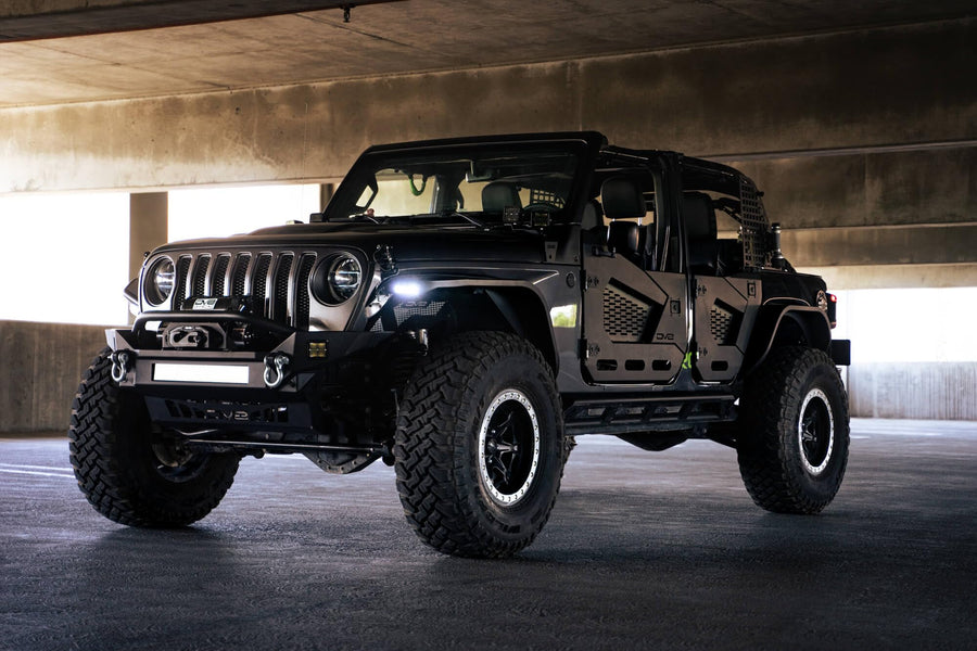 Slim Fender Flares DV8 Offroad for the 2018-2025 Jeep Wrangler JL | Front & Rear | Steel Construction | Complete Set of 4 | Plug & Play Dual Stage Running Lights & Turn Signal | Includes Rubber Seal