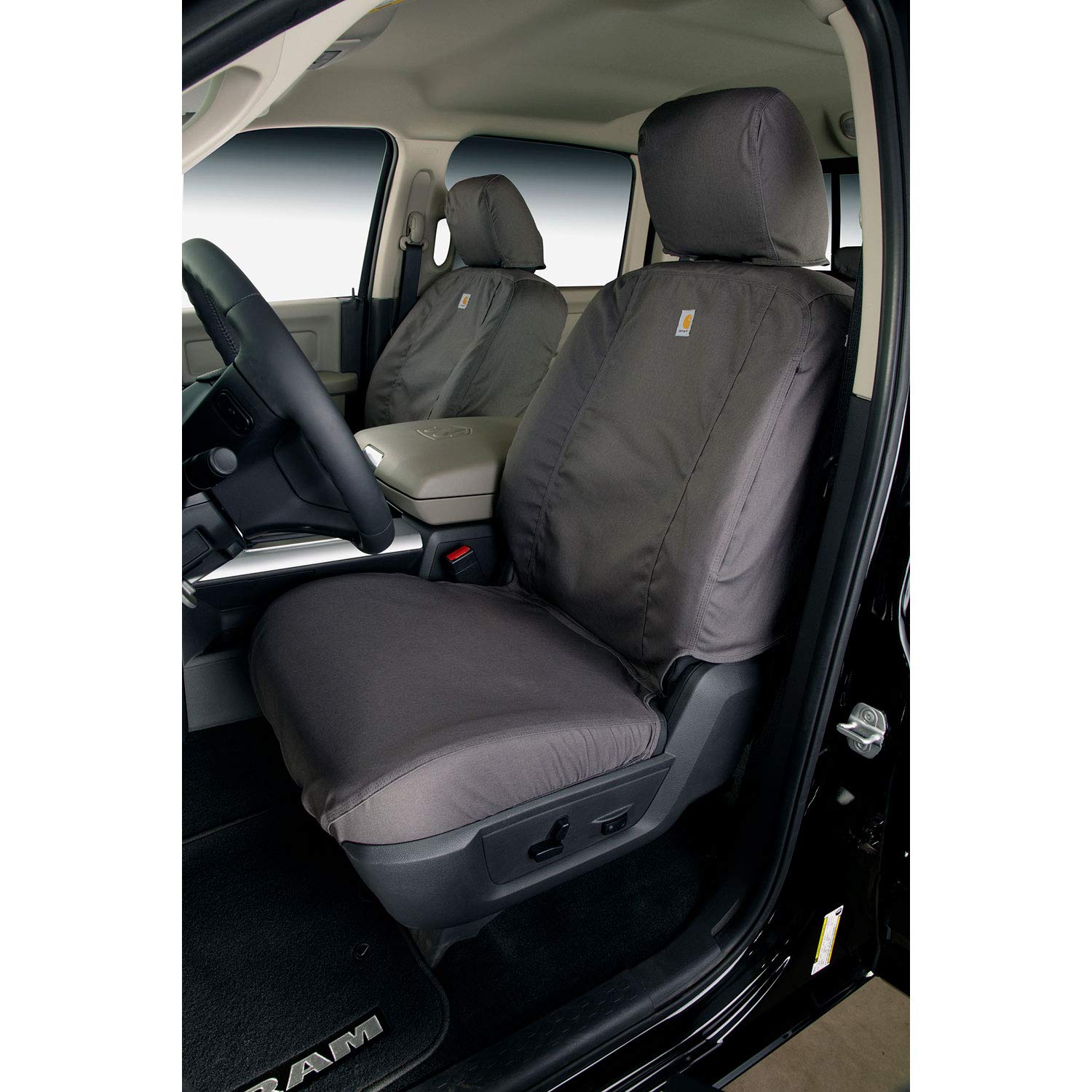 Covercraft Custom Seat Covers Carhartt SeatSaver | Fits 2004-2008 Dodge Ram 1500/2500/3500 Quad Cab | 2nd Row 40/60 Bench Seat, Duck Weave Gravel