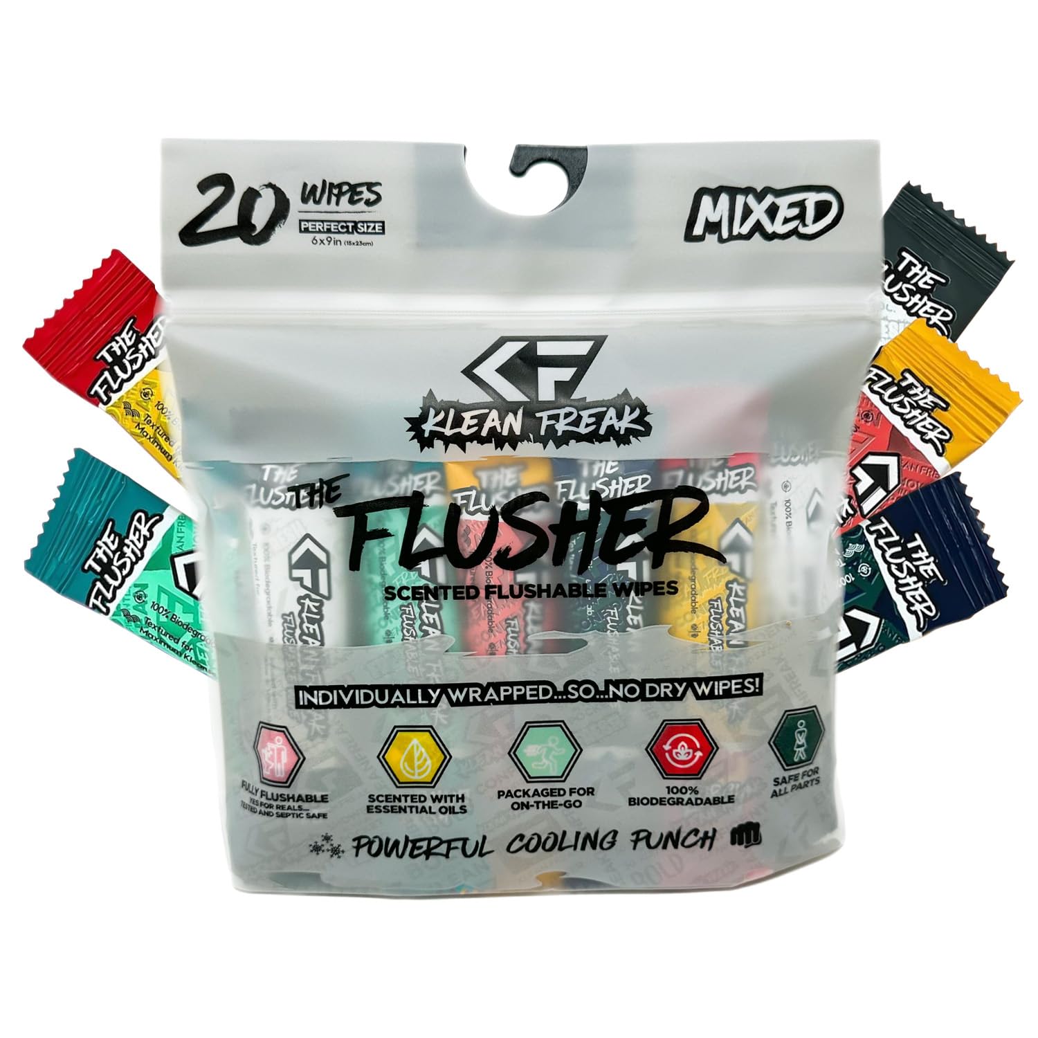 FLUSHABLE WIPES THE KLEAN FREAK - For Adults & Kids - 100% BIODEGRADABLE Individual Wrapped Travel WET Wipe for Toilet - Soothing Aloe & Witch Hazel - Alcohol Free 20 Pack - Mixed