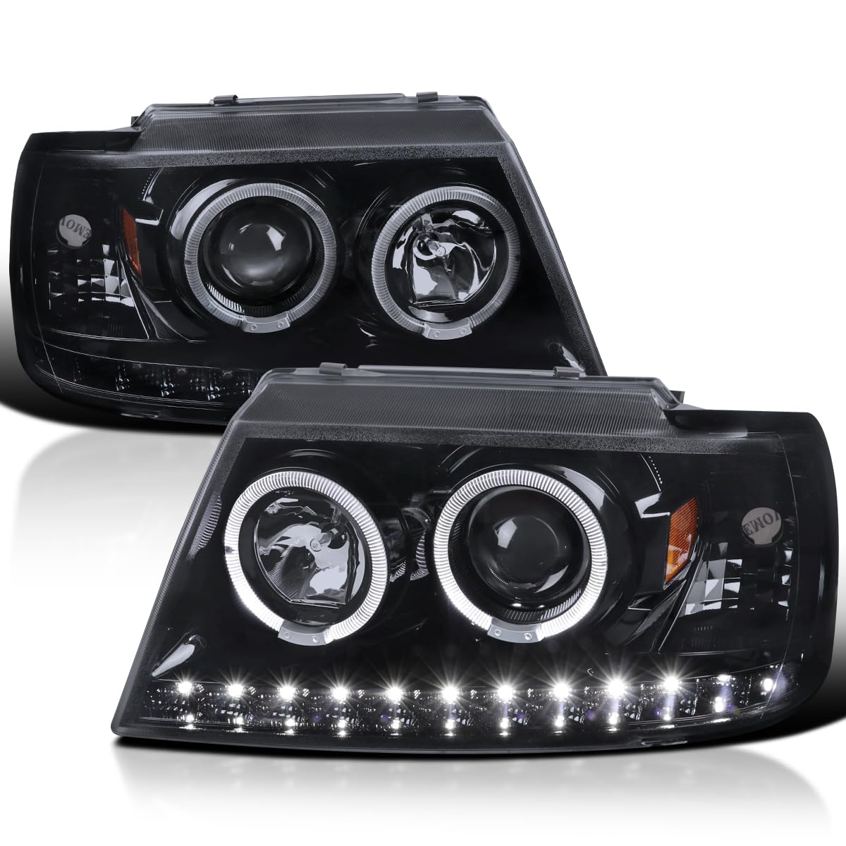LED Halo Projector Headlights SPEC-D TUNING Glossy Black Compatible with 2002-2005 Ford Explorer, Left + Right Pair Headlamps Assembly