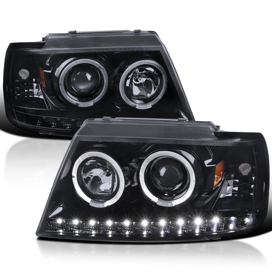 LED Halo Projector Headlights SPEC-D TUNING Glossy Black Compatible with 2002-2005 Ford Explorer, Left + Right Pair Headlamps Assembly