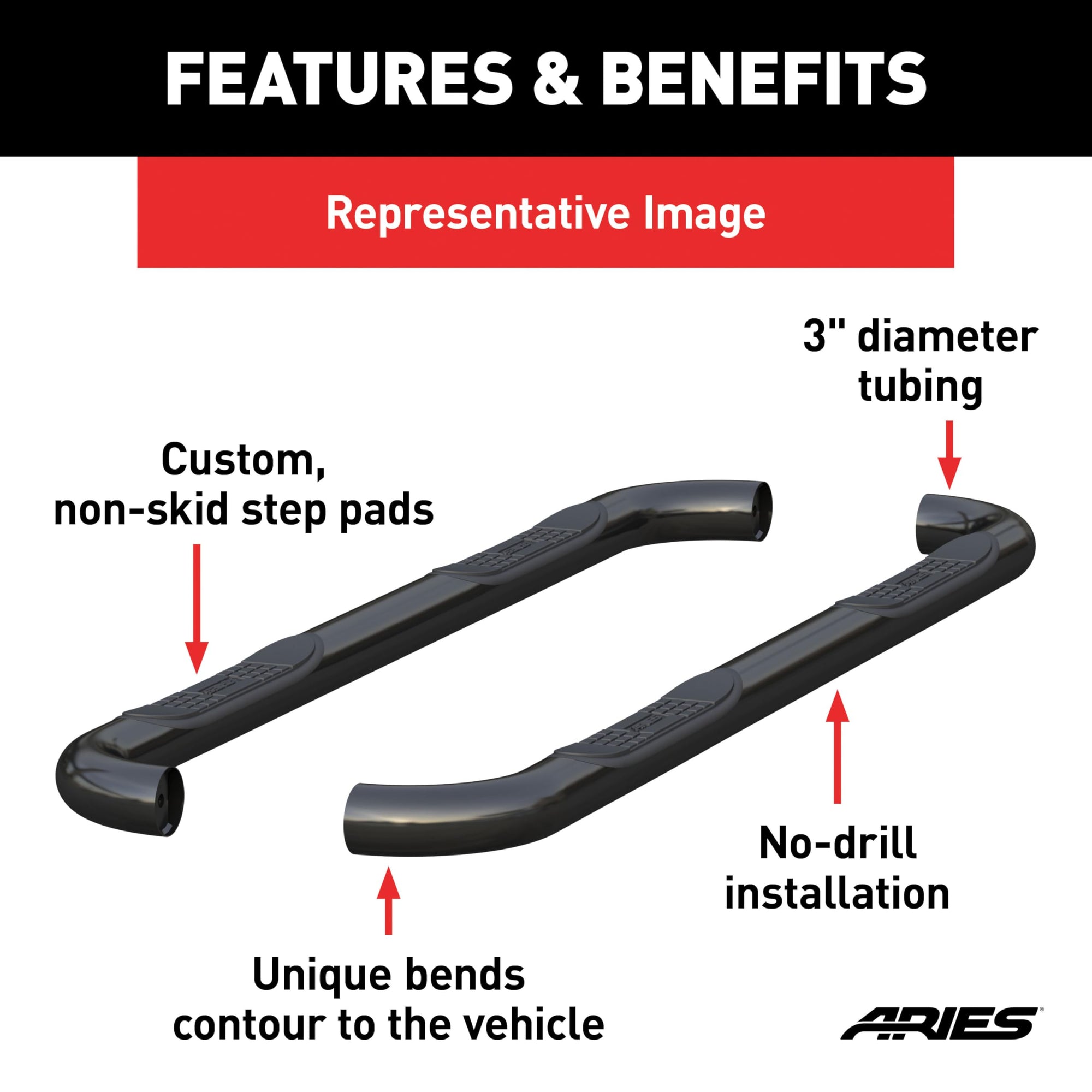 3-Inch Round Black Steel ARIES Nerf Bars, No-Drill, Fits Select Chevrolet Silverado, GMC Sierra 1500 Extended Cab