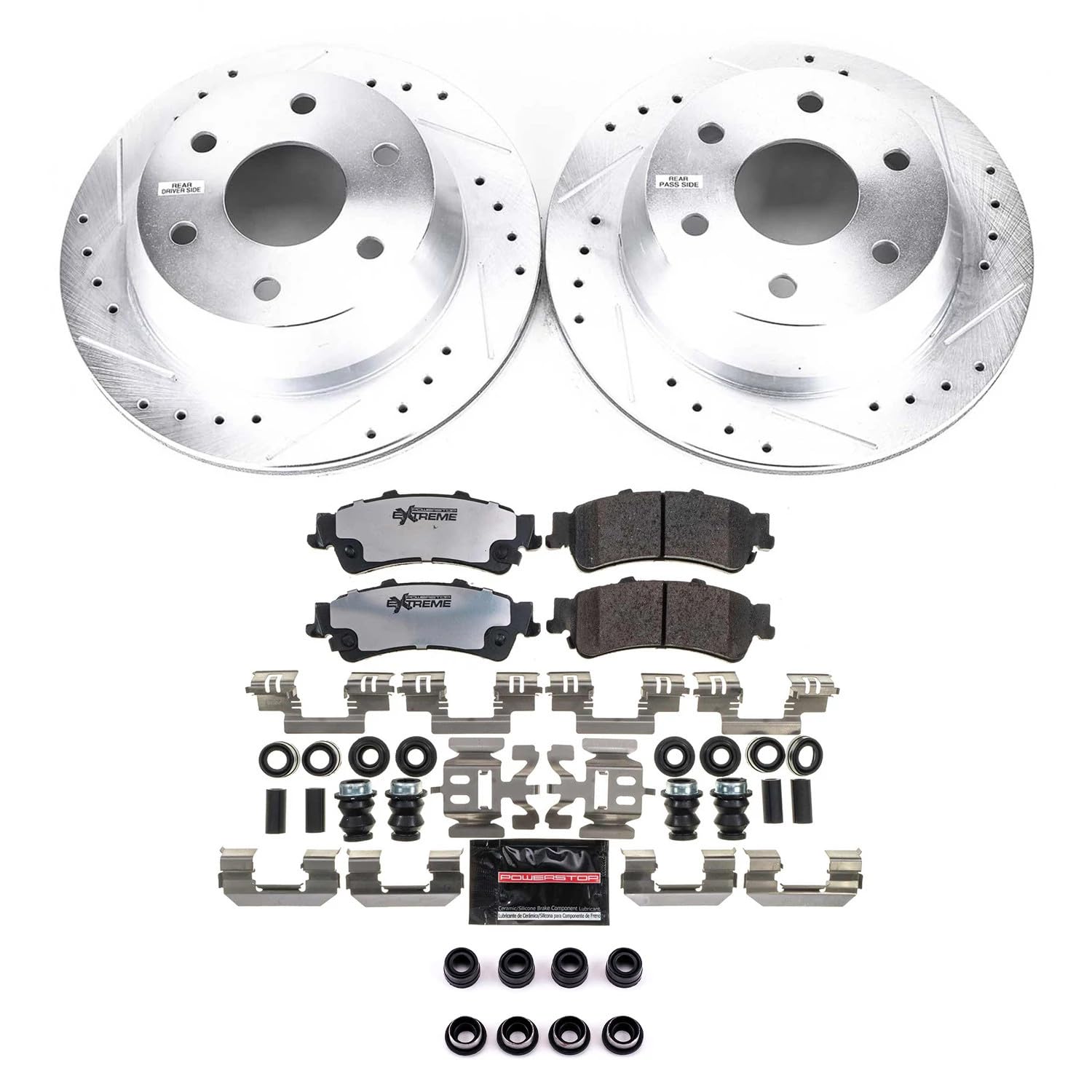 Rear Brake Kit Power Stop For 2003 2004 2005 Chevrolet Astro 2002 Chevrolet Avalanche 1500 - Truck & Tow Carbon Fiber Ceramic Brake Pads & Drilled and Slotted Rotors Replacement, K2018-36