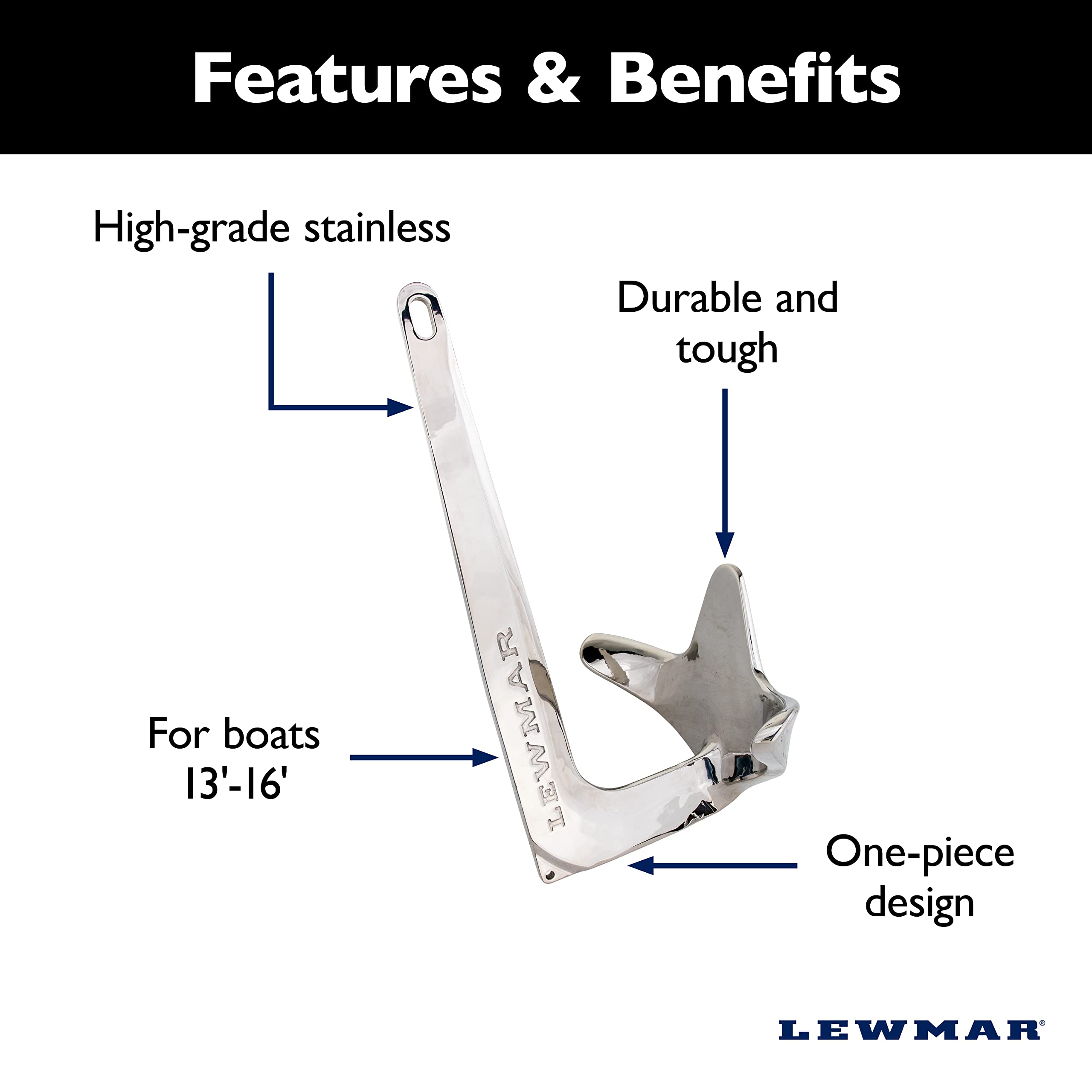Lewmar Claw Anchor Stainless Steel 4.4 Lbs./2kg for Boats 17'-21'