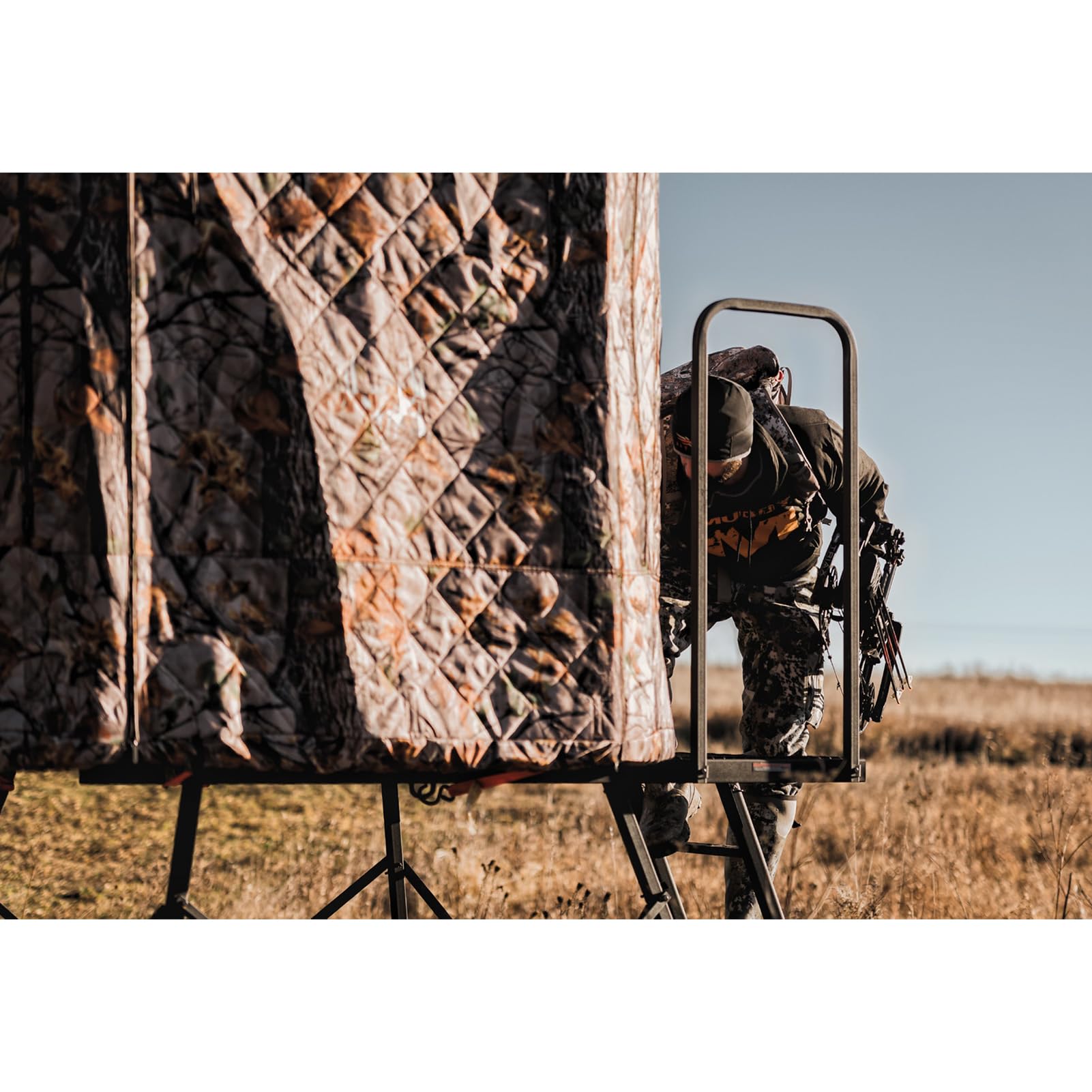 Muddy 360 Soft Side Resistant Heavy-Duty Powder Coated Steel Hunting Blind - Insulated Fabric Walls, Floor Pad, Silent Zipper Window System w/Sliding Mesh Backing - 5ft Deluxe Tower Platform