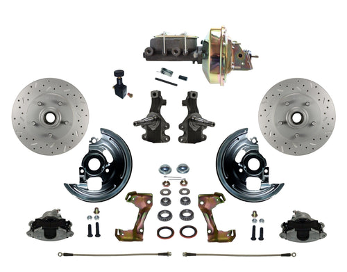 Power Front Disc Brake Conversion Kit LEED BRAKES 2" Drop Spindle Cross Drilled And Slotted Rotors With 9" Zinc Booster Cast Iron M/C Adjustable Proportioning Valve