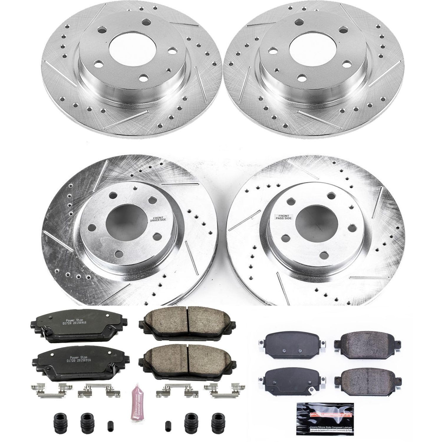 Power Stop K8282 Z23 Carbon Fiber Brake Pads Front and Rear with Drilled & Slotted Brake Rotors Kit For Mazda 3 2017-2018, Mazda CX-3 2019-2021 [Model Specific]