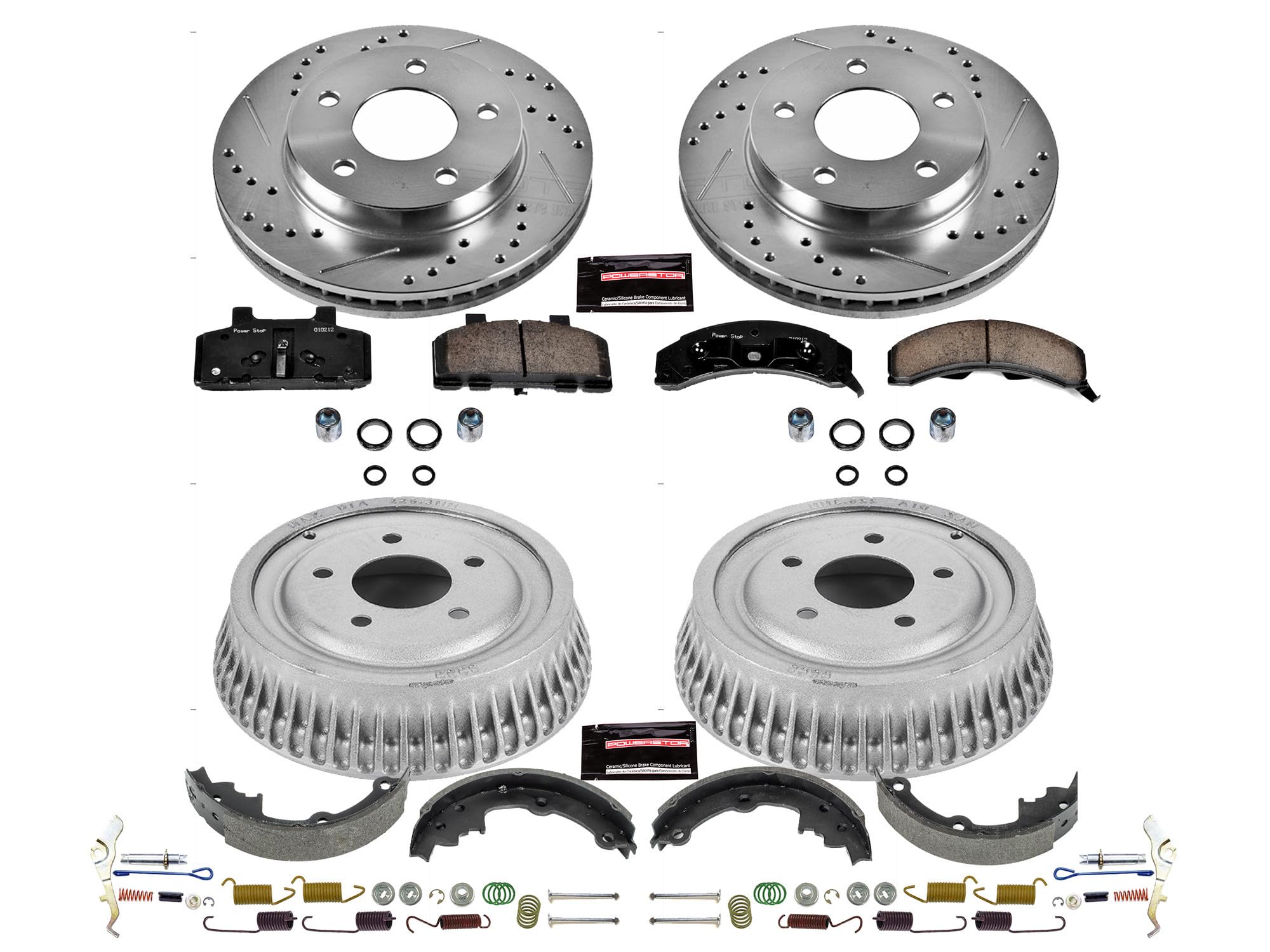 Power Stop K15081DK Z23 Carbon Fiber Brake Pads Front and Rear with Drilled & Slotted Brake Drums Kit For Buick Century, Chevy Lumina APV, Oldsmobile Silhouette, Pontiac Trans Sport [Model Specific]