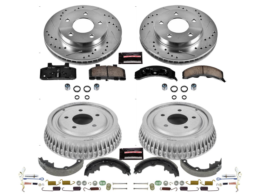 Power Stop K15081DK Z23 Carbon Fiber Brake Pads Front and Rear with Drilled & Slotted Brake Drums Kit For Buick Century, Chevy Lumina APV, Oldsmobile Silhouette, Pontiac Trans Sport [Model Specific]