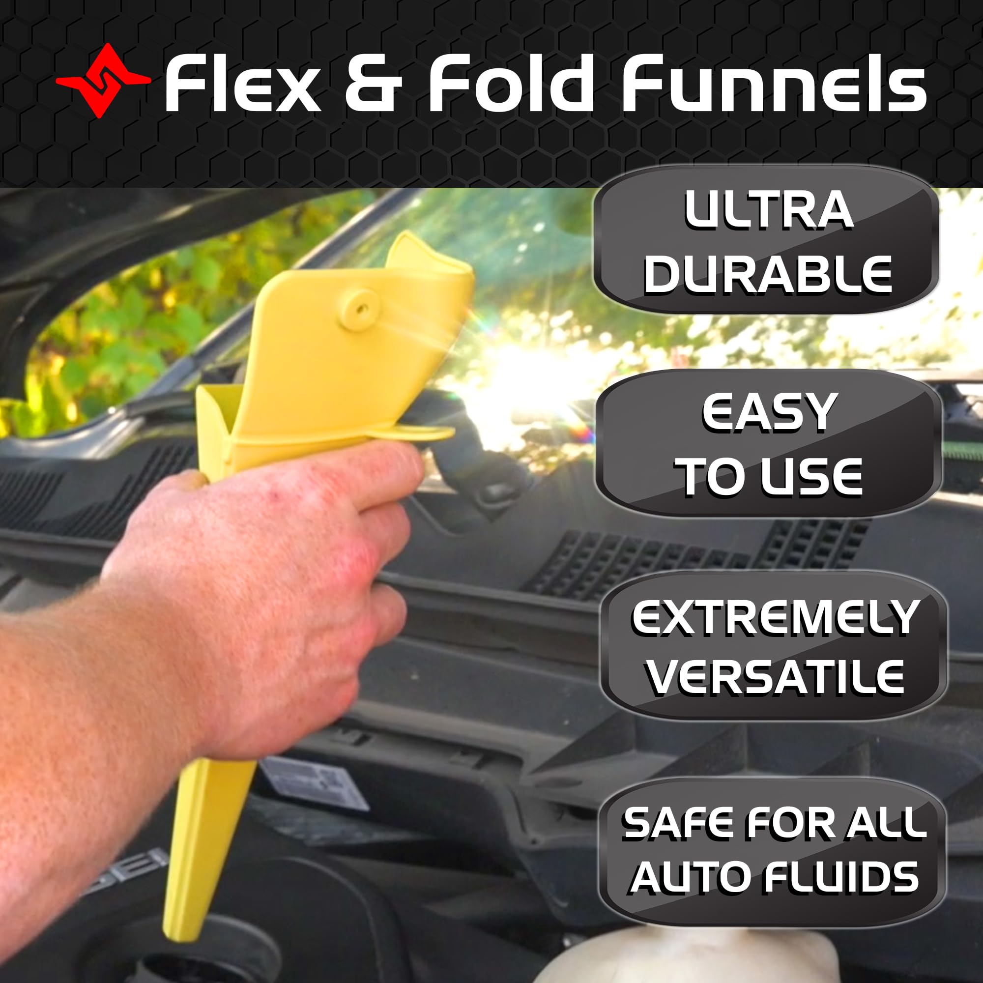Flex & Fold Caliber, Flexible Funnel for Automotive Use, Medium Funnel for All Purpose Fluid Transfers, Yellow