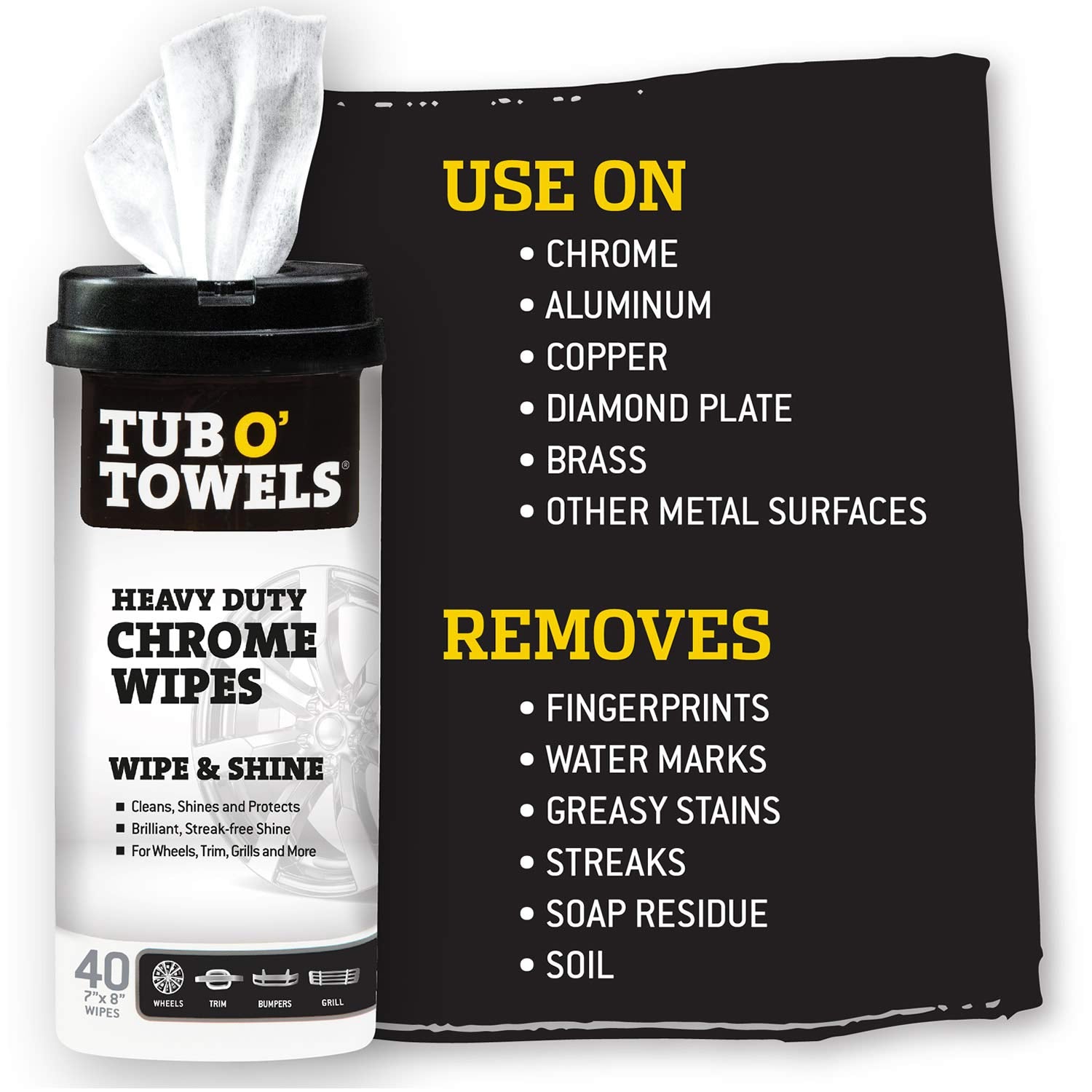 Heavy Duty Tub O’ Towels Chrome Wipes - Clean, Shine & Protect Chrome, Aluminum, Copper, and Brass Surfaces - Oil-Based Polishing Wipes - Resists Streaks & Fingerprints - 40 Count for Auto Detailing
